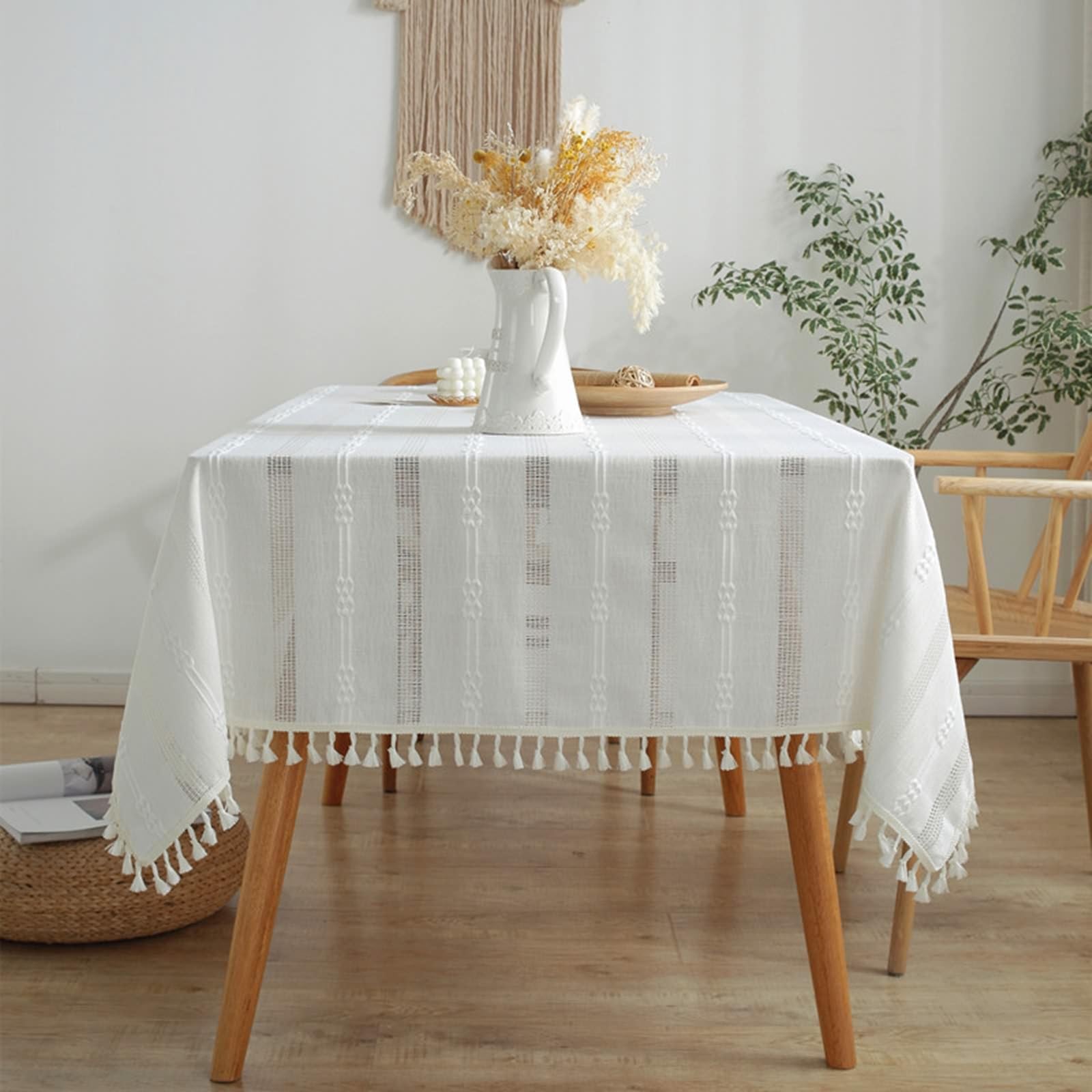 Tovaglia Decorativa Rettangolare, Tovaglie 140 x 260 cm Strisce all'uncinetto in Poliestere Copritavolo per Tavolo da Pranzo, Cucina, Festa CompleannoBianco crema