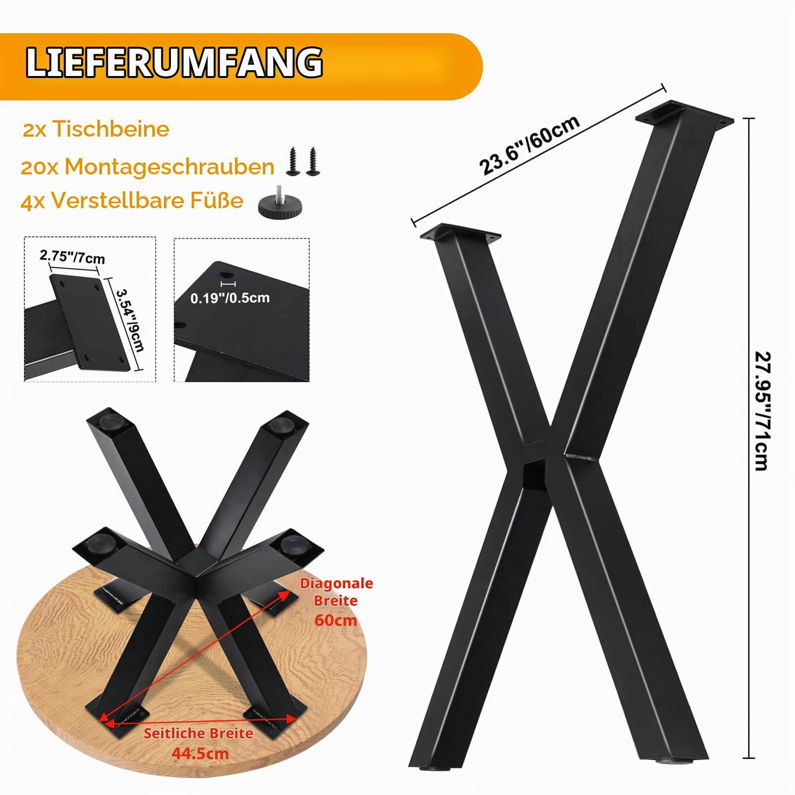 Homtone Schwerlast Metall Tischbeine, Schwarz, H71xW60cm Cross Shape | Industrielle Robuste DIY Spider Tischgestell für Runde & Quadratische Couchtisch und Esstische, Kreuzförmige