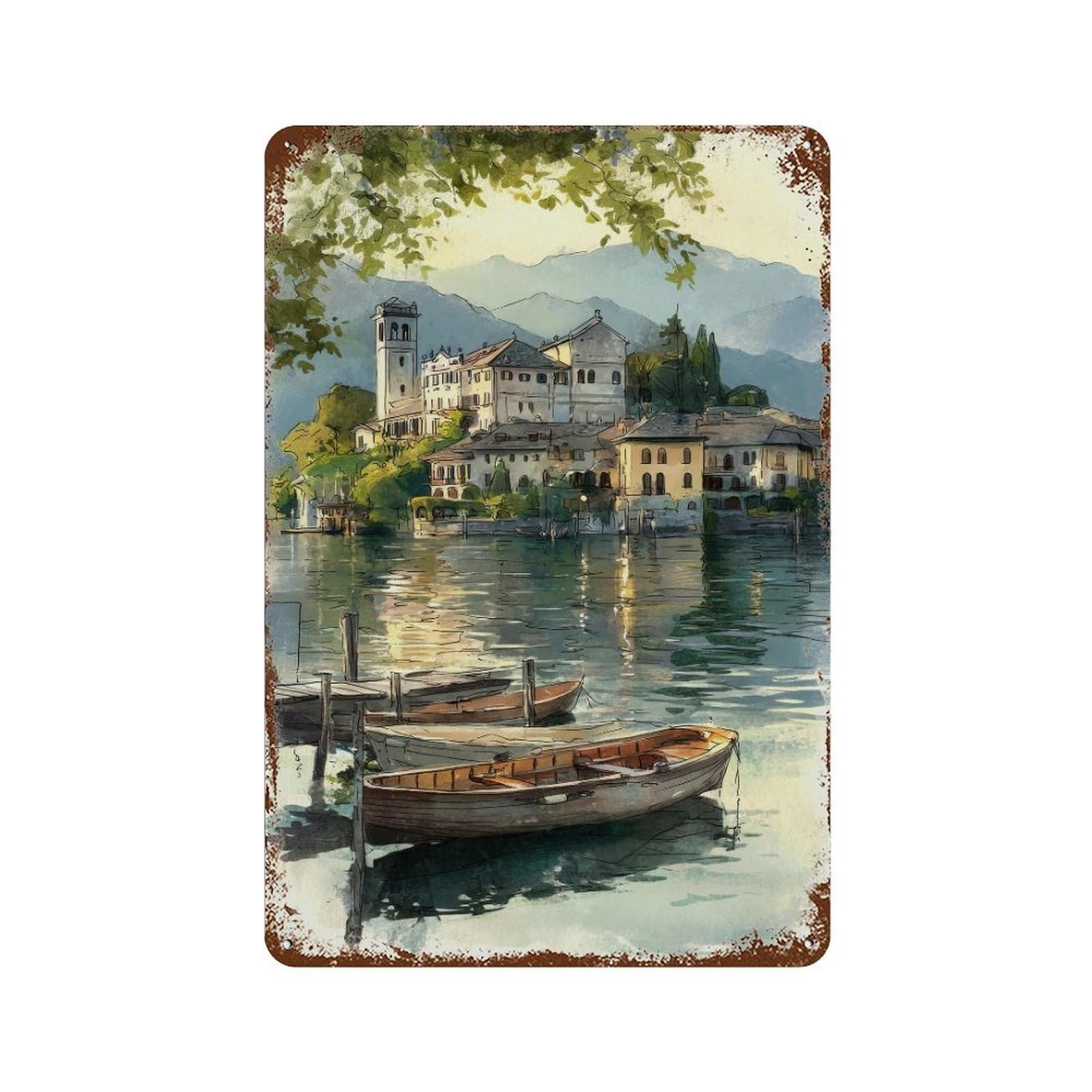 xiaoxiaoshen Lake Orta Italy Watercolor Travel Italian Lakes Village Wall Decor Art Metal Tin Poster Modern Home Decor Art Home Bar Shop Decorations Vintage Sign 30x20cm