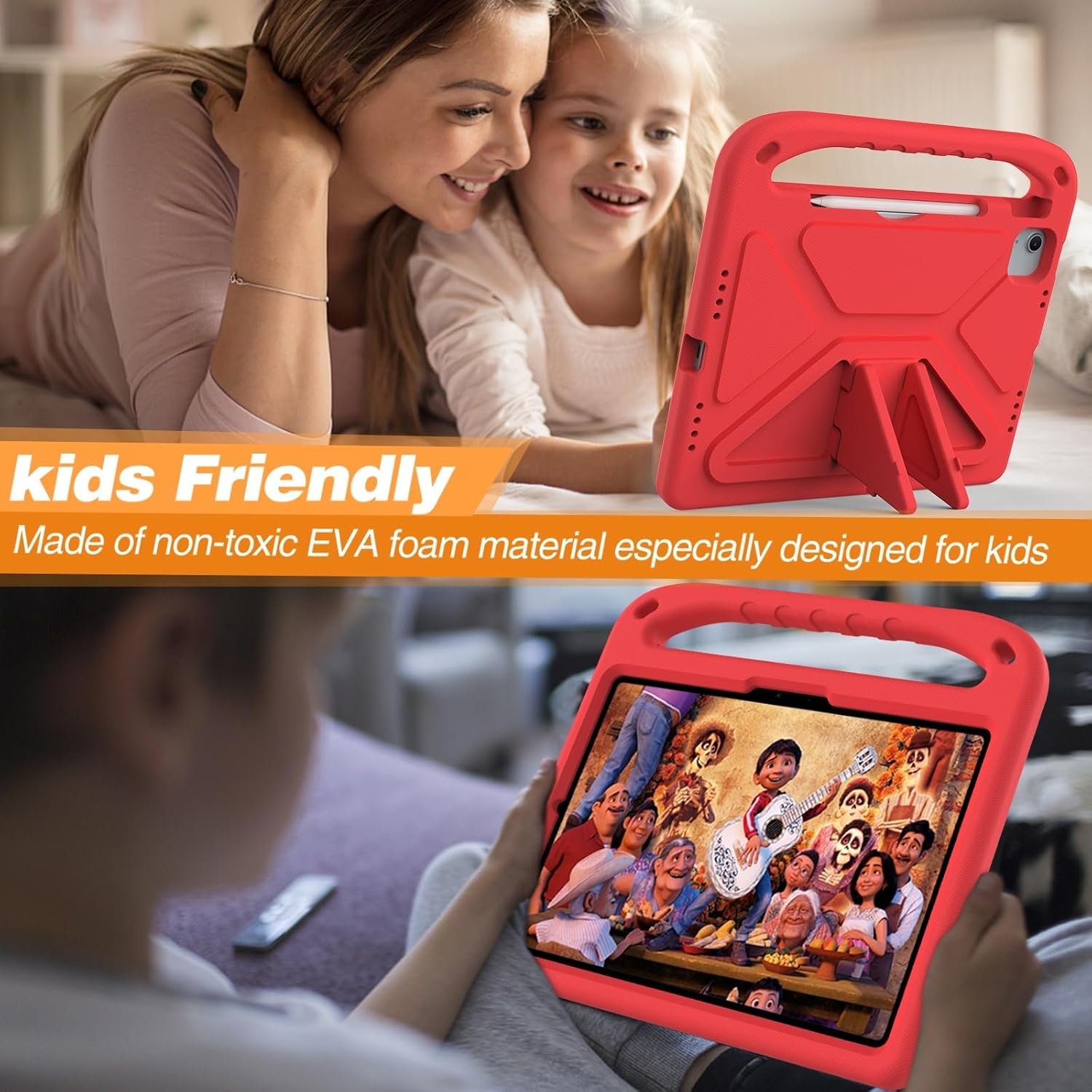 Compatible with iPad Air 11 Inch M2(2024)/Pro 11 inch (2024) M4 Kids Kickstand Case, Cute Design Lightweight EVA Shockproof Stand Protective Case,[Shoulder Strap][Handle] (Red)