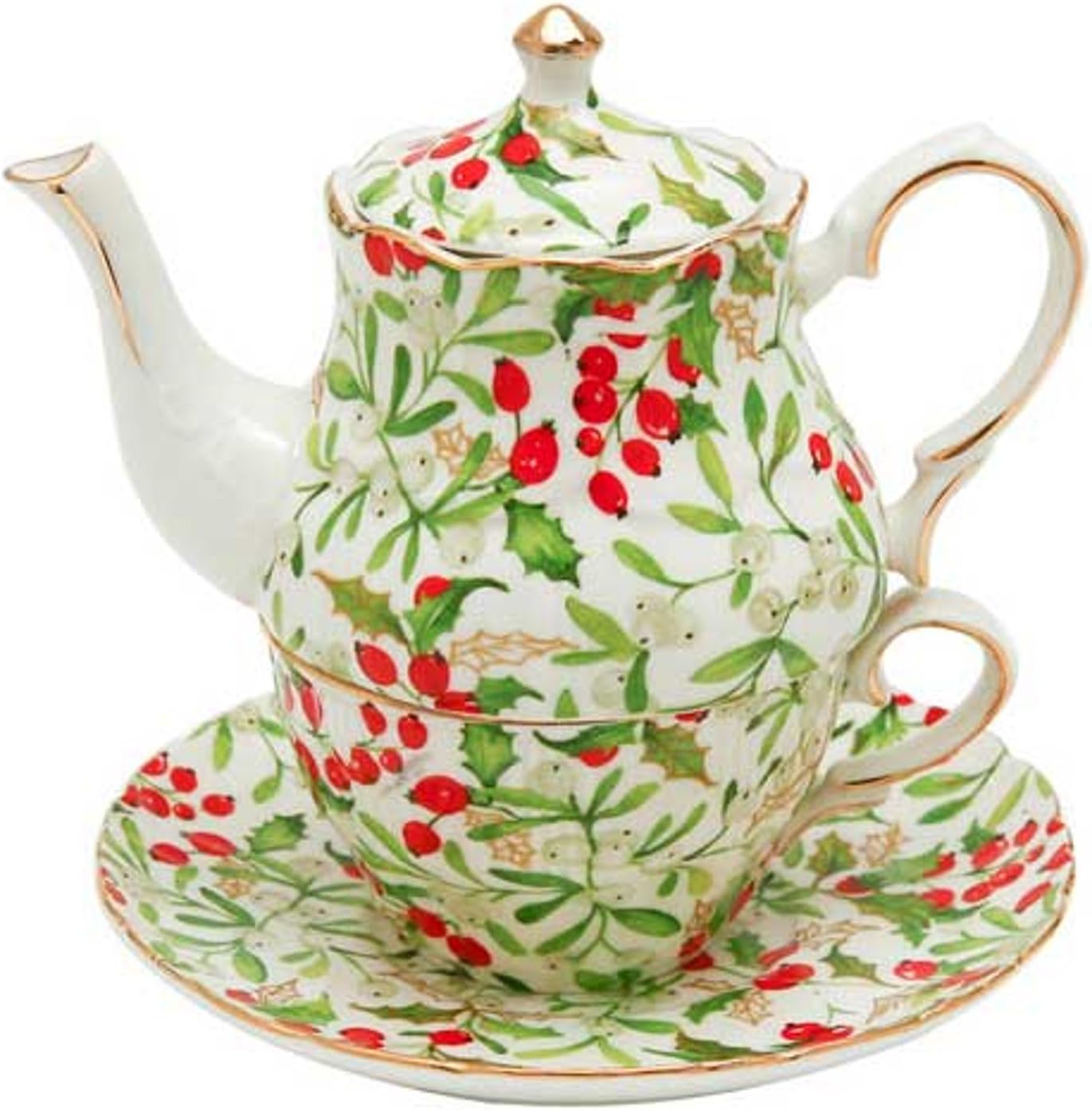 Holly Berry Design Tea for 1, Teapot with Lid, Cup and Saucer