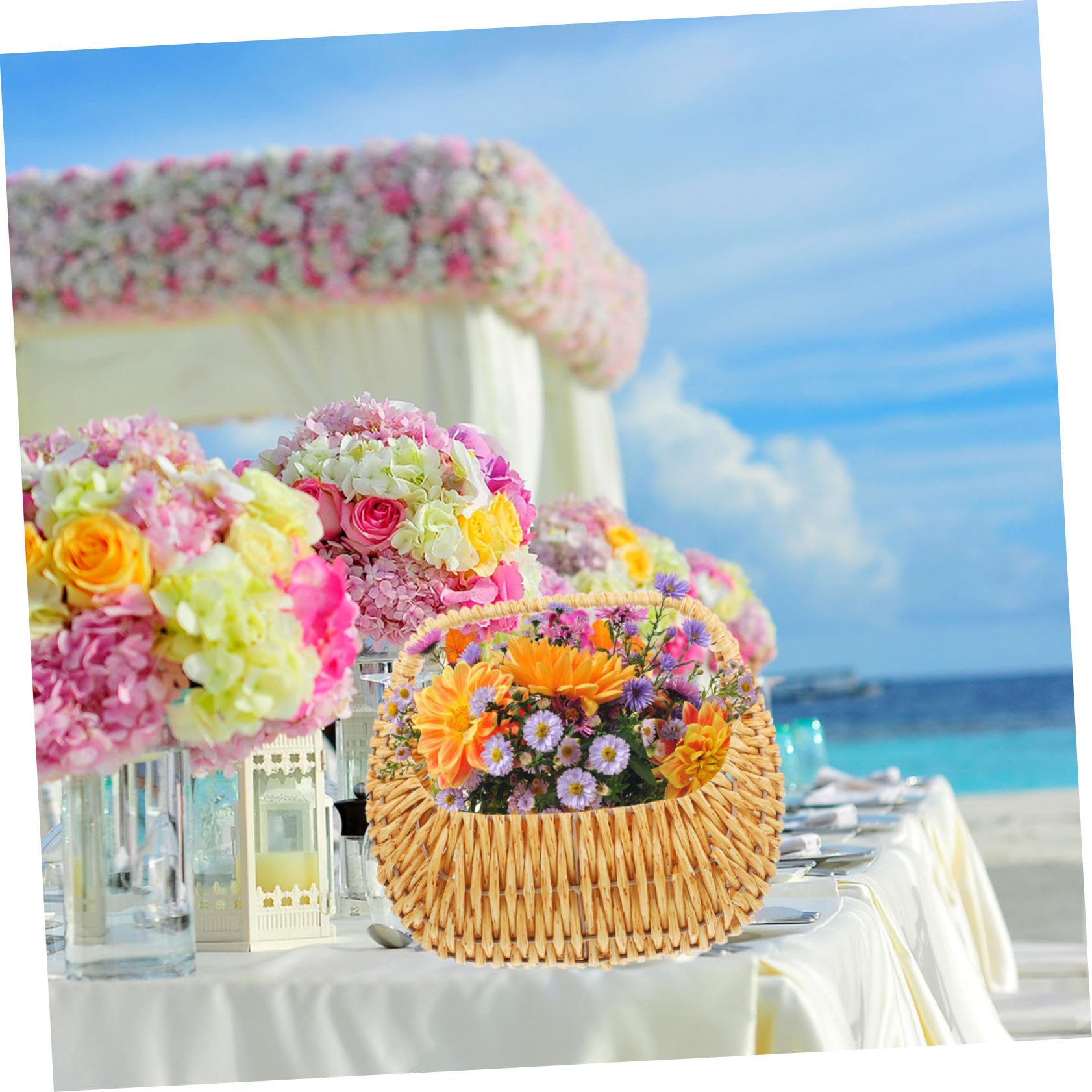 Handgewebter Blumenmädchenkorb mit Henkel für Hochzeit Beige