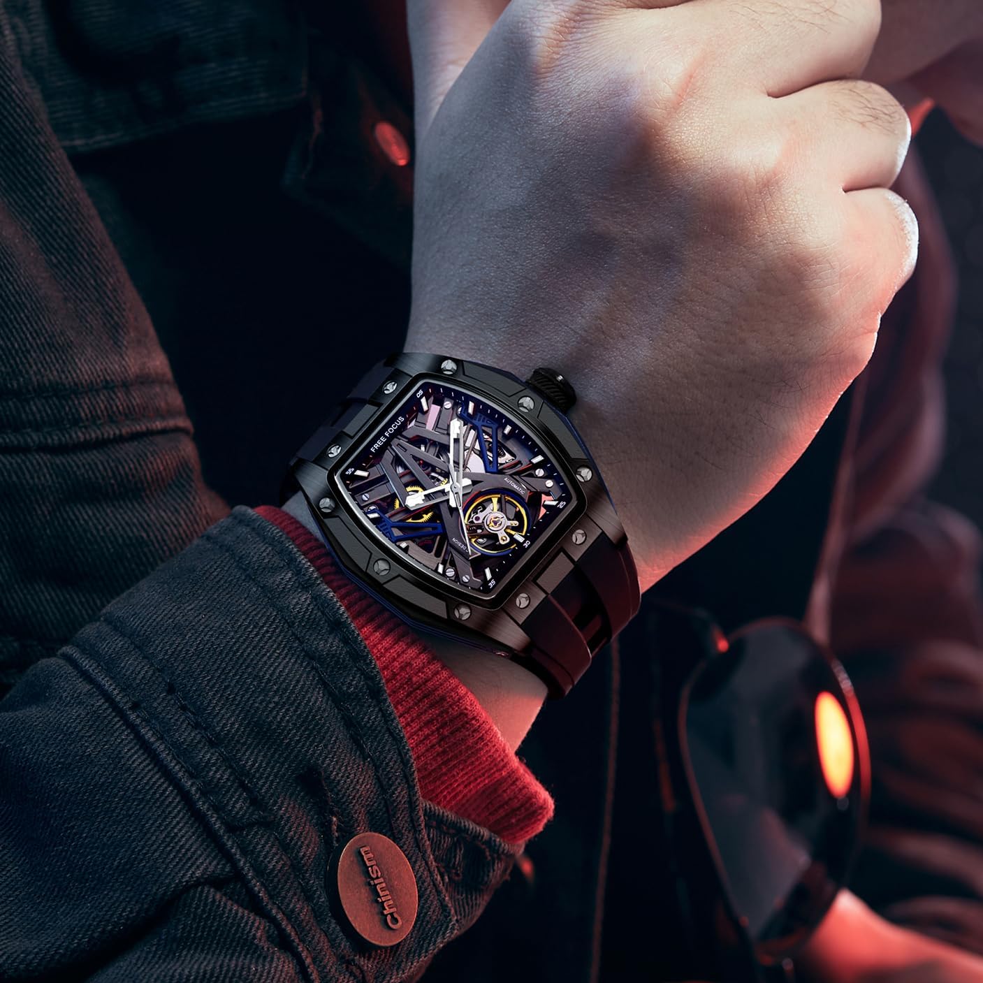 Unique Men Watches,Automatic Mechanical Watch,Luxury Hollow Tonneau Watches for Men with Stainless Steel Case and Silicon Band (Self-Wind Movement/Waterproof/Super_Luminous)