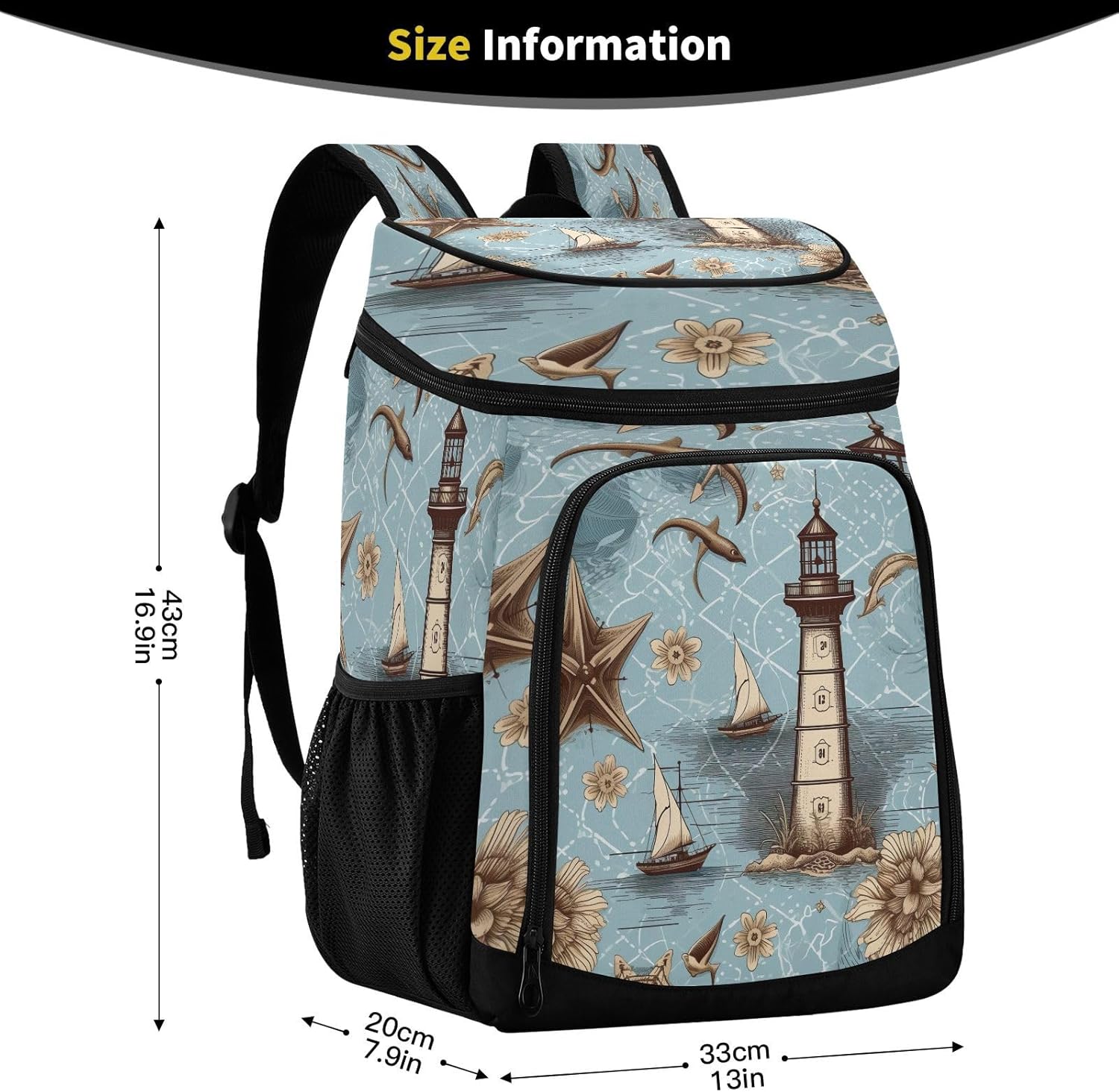 Vintage Nautical Style Cooler Backpack 36 Cans Leakproof Waterproof Backpack Cooler Bag Beach Accessories for Women and Men Travel Camping Fishing Backpack