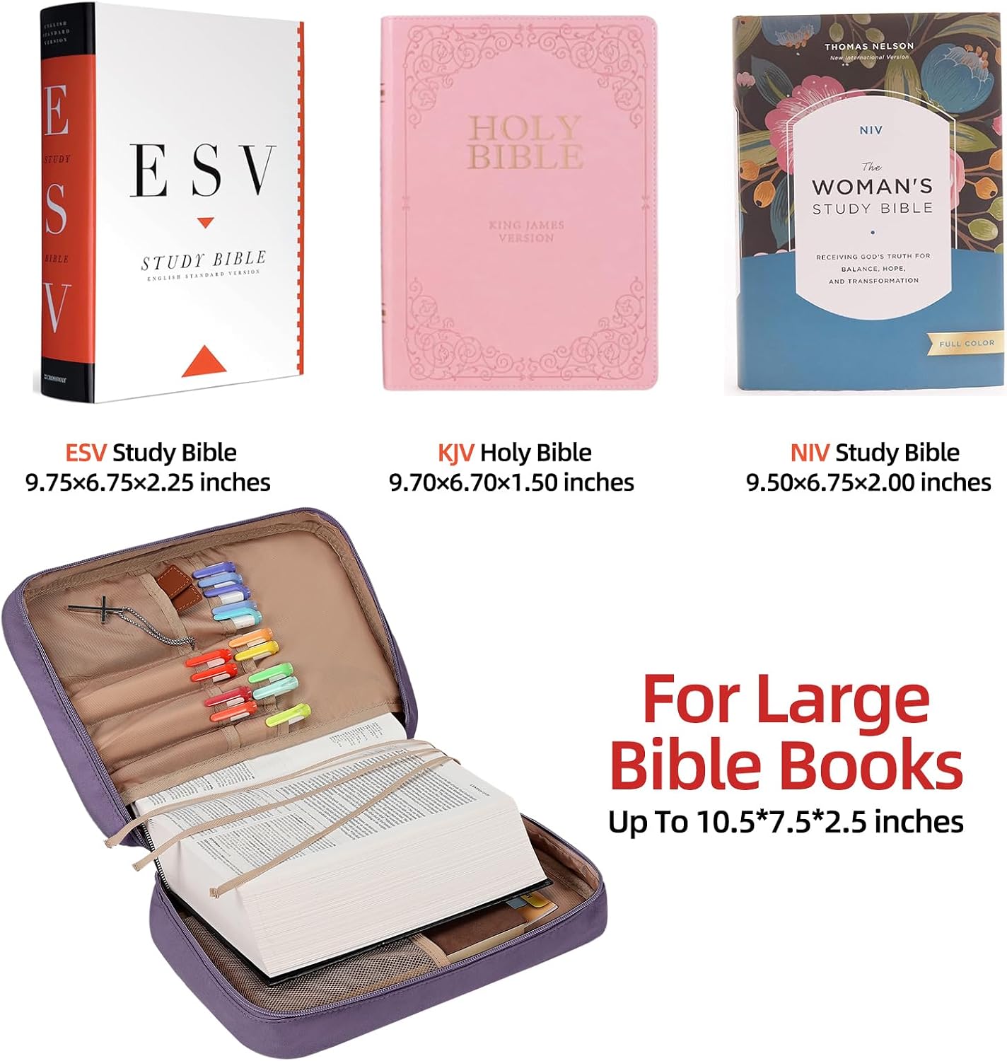 FINDCOZY Bible Cover for Women, Durable Carrying Book Case Church Bag for Biblical Accessories with Handle and Zippered Pocket,Purple