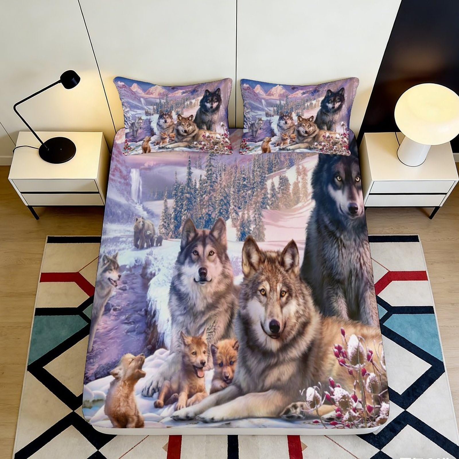 3D Printed Wolf Family Fitted Sheet Microfiber Soft Durable Winter Landscape Bed Cover for Bedroom Dormitory Guest Room Mattress Protection Decor 90x200x25cm