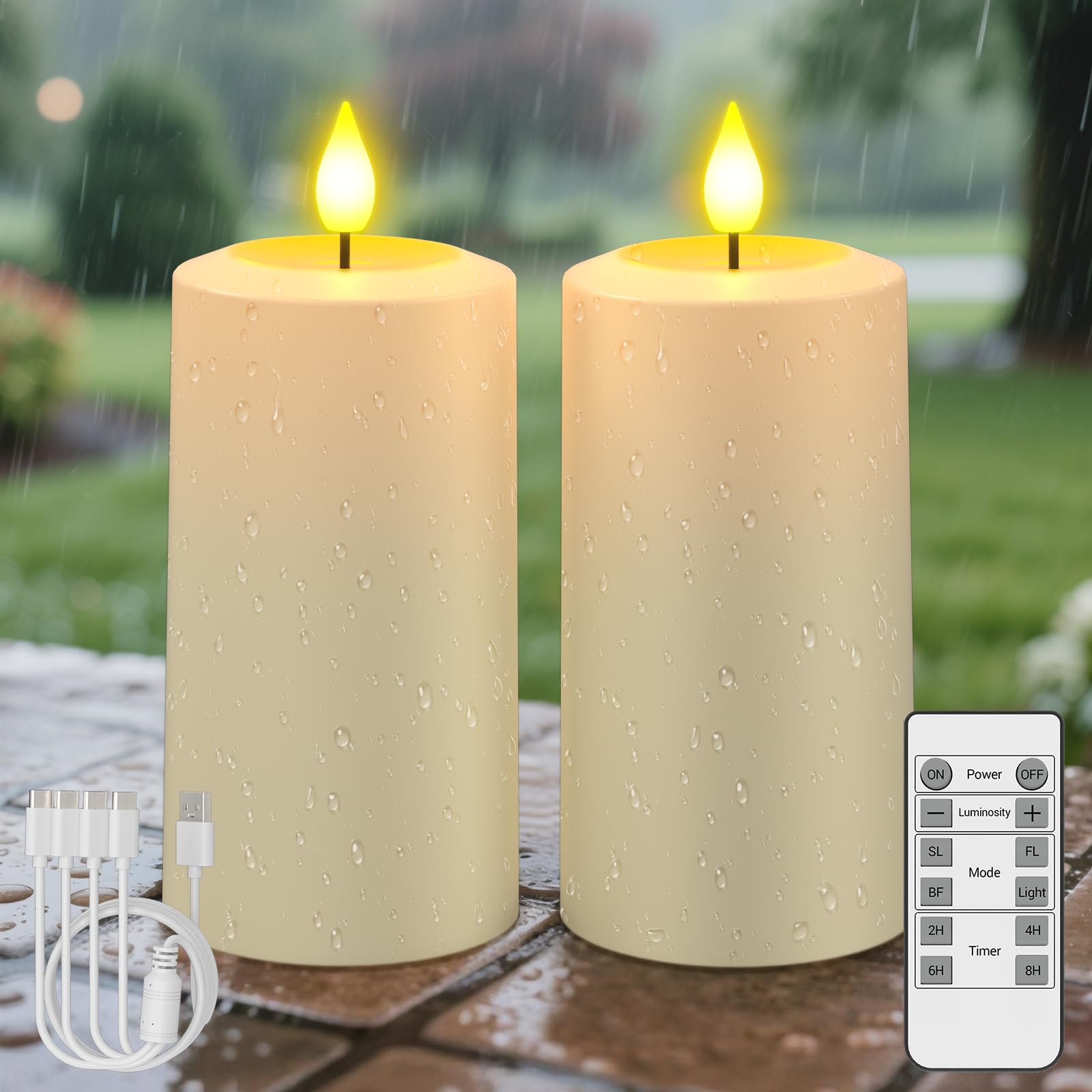 SoulBay Rechargeable Candles Waterproof, 2pcs USB-C Flameless LED Battery Candles with Remote & Timer, 90-200H Long Lasting Pillar Candles for Outdoor Garden Patio Wedding Home Room Decor, 7cm x 13cm