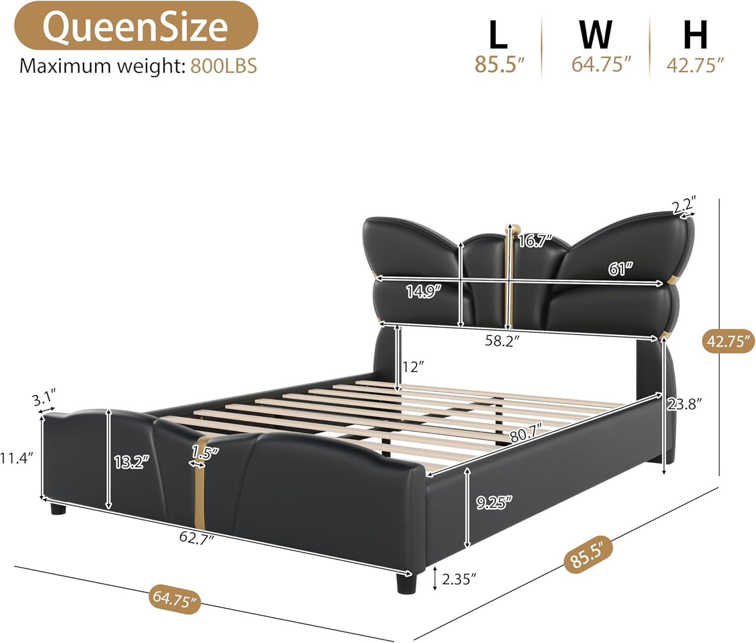 GDFStudio Queen Size Upholstered PU Leather Bed Frame with Butterfly Headboard and Footboard,Modern Platform Bed with Gold Metal Accents,No Box Spring Needed,Wooden Slat Support,Easy Assembly,Black