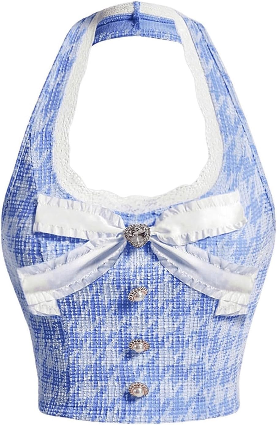 WDIRARA Women's Contrast Lace Trim Halter Crop Top Bow Decor Button Front Slim Fit Cute Tank Tops image 5
