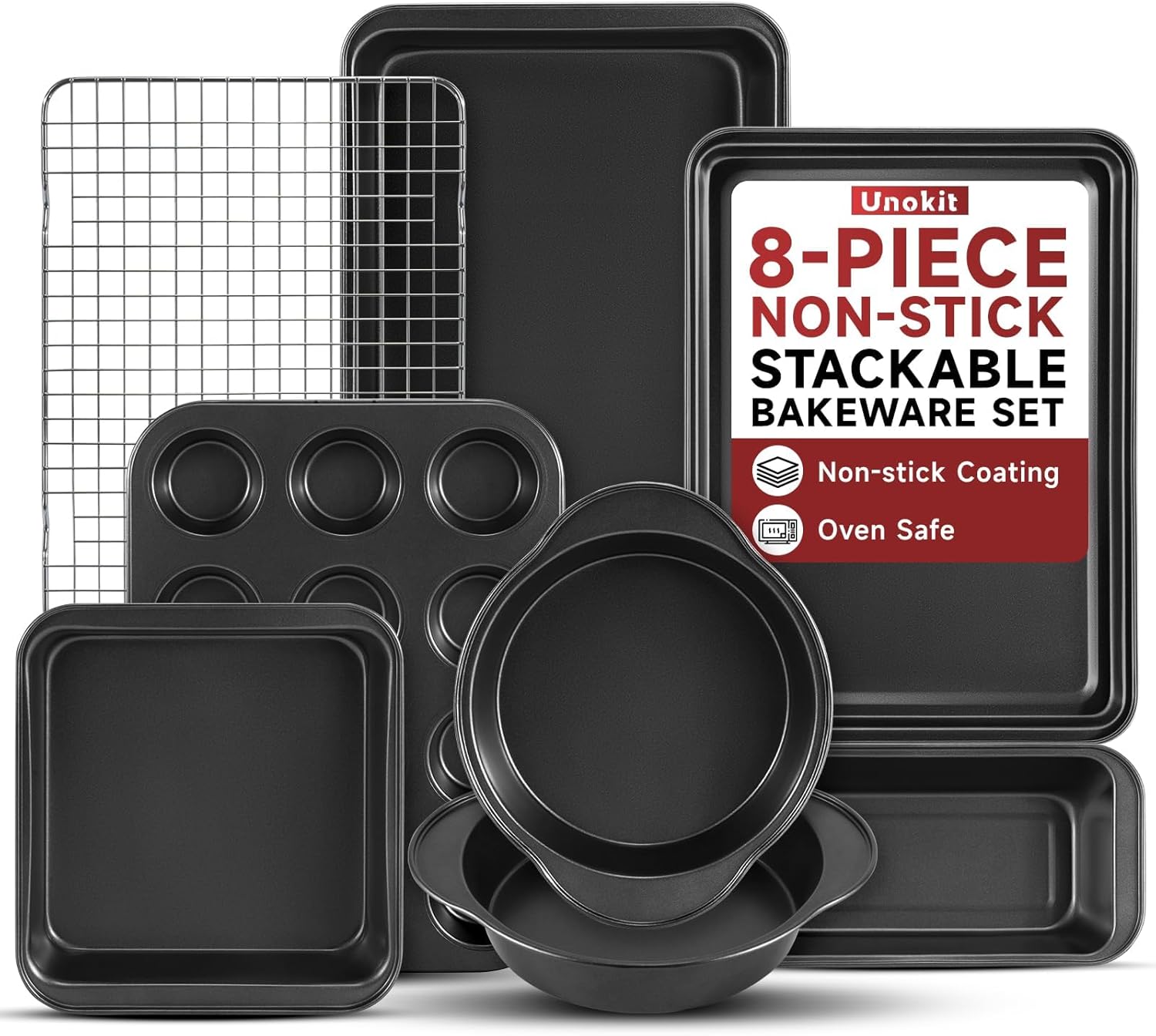 Unokit 8-Piece Nonstick Baking Pans Set - Stainless Steel Bakeware Set for Cooking, Stackable Trays with Cookie Sheets, Muffin, Cake, Loaf, Round & Square Pan and Cooling Rack, Dishwasher & Oven Safe