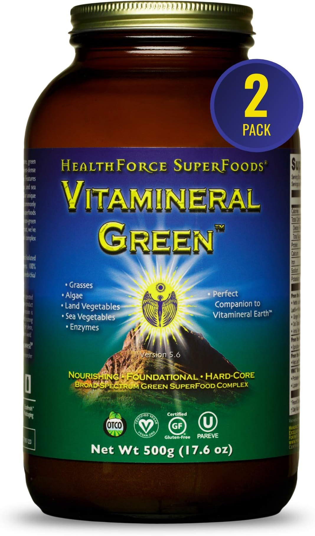 HEALTHFORCE SUPERFOODS Vitamineral Green - Mineral Supplement for Immune & Thyroid Support - Green Powder Supplement with Ingredients from The Land - Gluten-Free & Vegan - 500 Grams (Pack of 2)