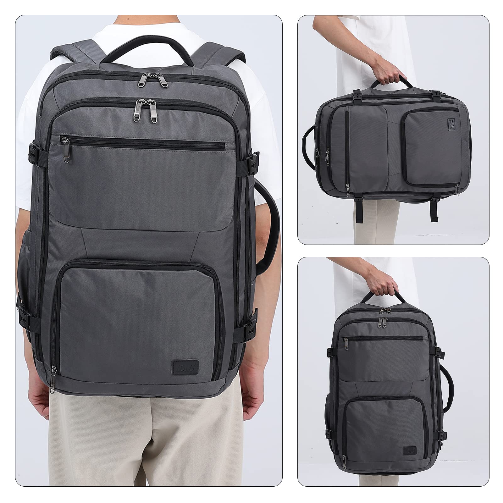Kono Mochila Viaje Cabina Avion 55x35x20, Maleta Cabina, Mochila de Viaje con Correa Ajustable, Equipaje de Mano 38L para Hombres y Mujeres (Gris)