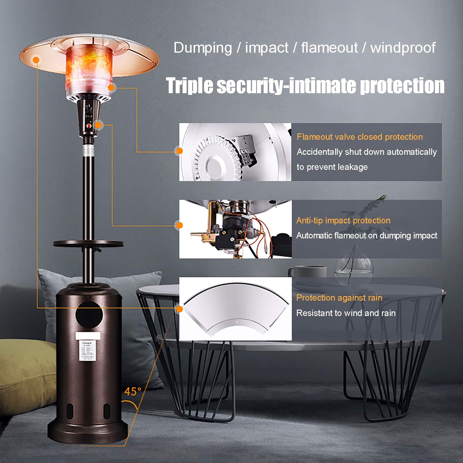 fungo riscaldante per esterno Riscaldatore Da Esterno Per Patio, Stufa A Gas Propano Da Pavimento In Acciaio Inossidabile Con Ruote Da 223 Cm / 87 Pollici Di Altezza 45000 BTU Per Cortile Commercial