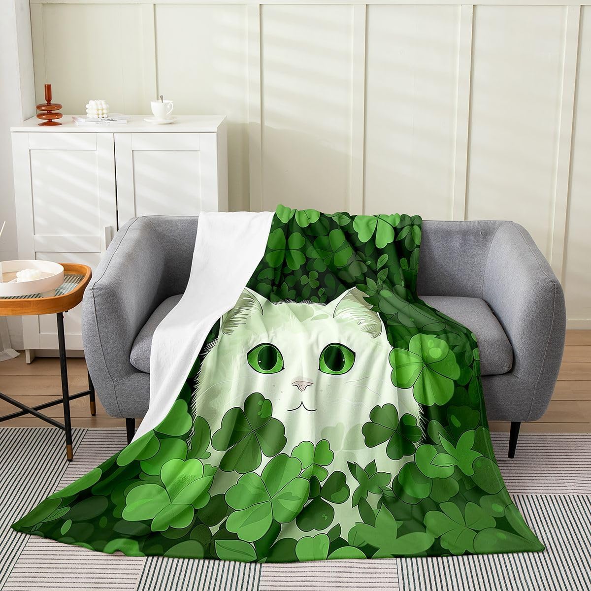 Erosebridal Cartoon Cat Flannel Blanket Queen 90x90 | Four-Leaf Clover Fuzzy Plush Throw for Sofa Lucky Shamrock Fleece Blanket St Patrick's Day Cartoon Pet Animals Pattern All Season