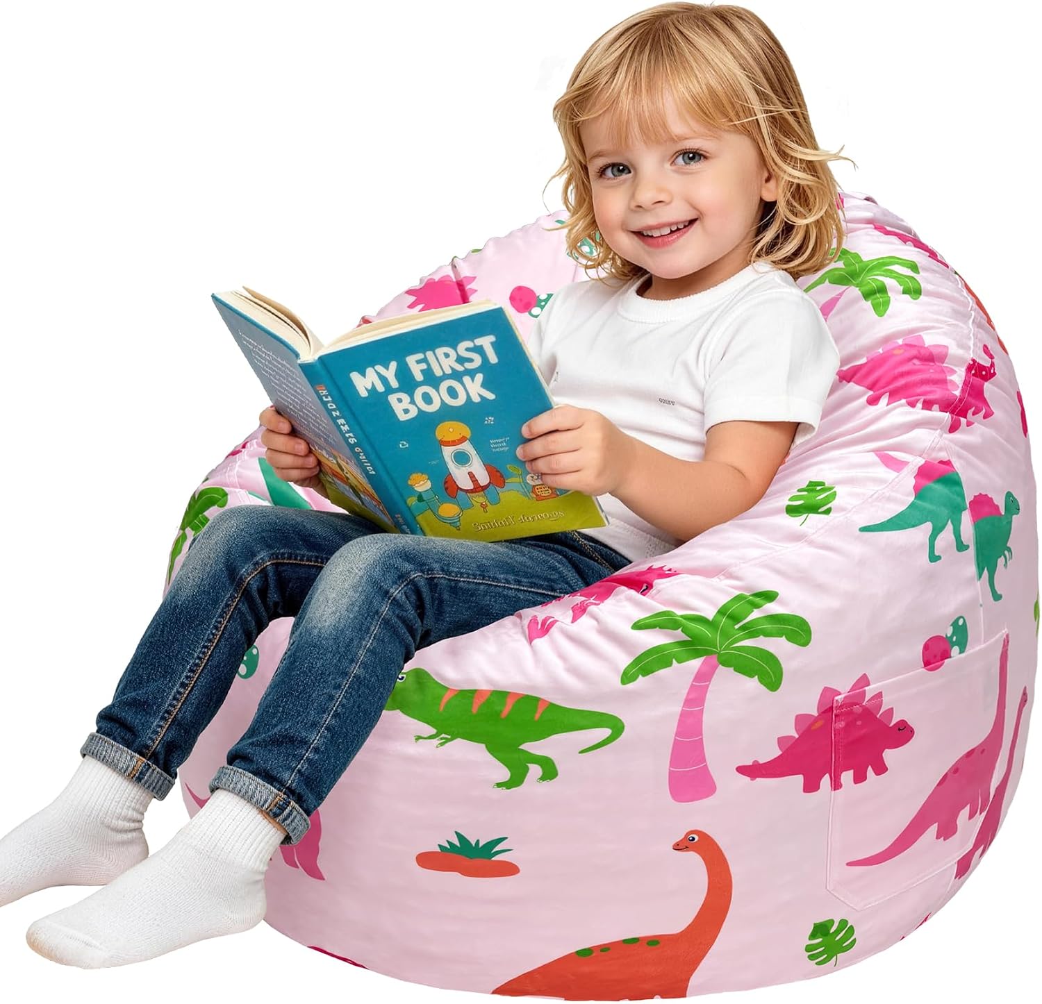 Dinosaur Bean Bag Chair for Kids, High-Back Floor Lounger with Memory Foam Filling and Removable Machine-Washable Velvet Cover for Bedroom, Living Room, Reading and Gaming, 28 Inch