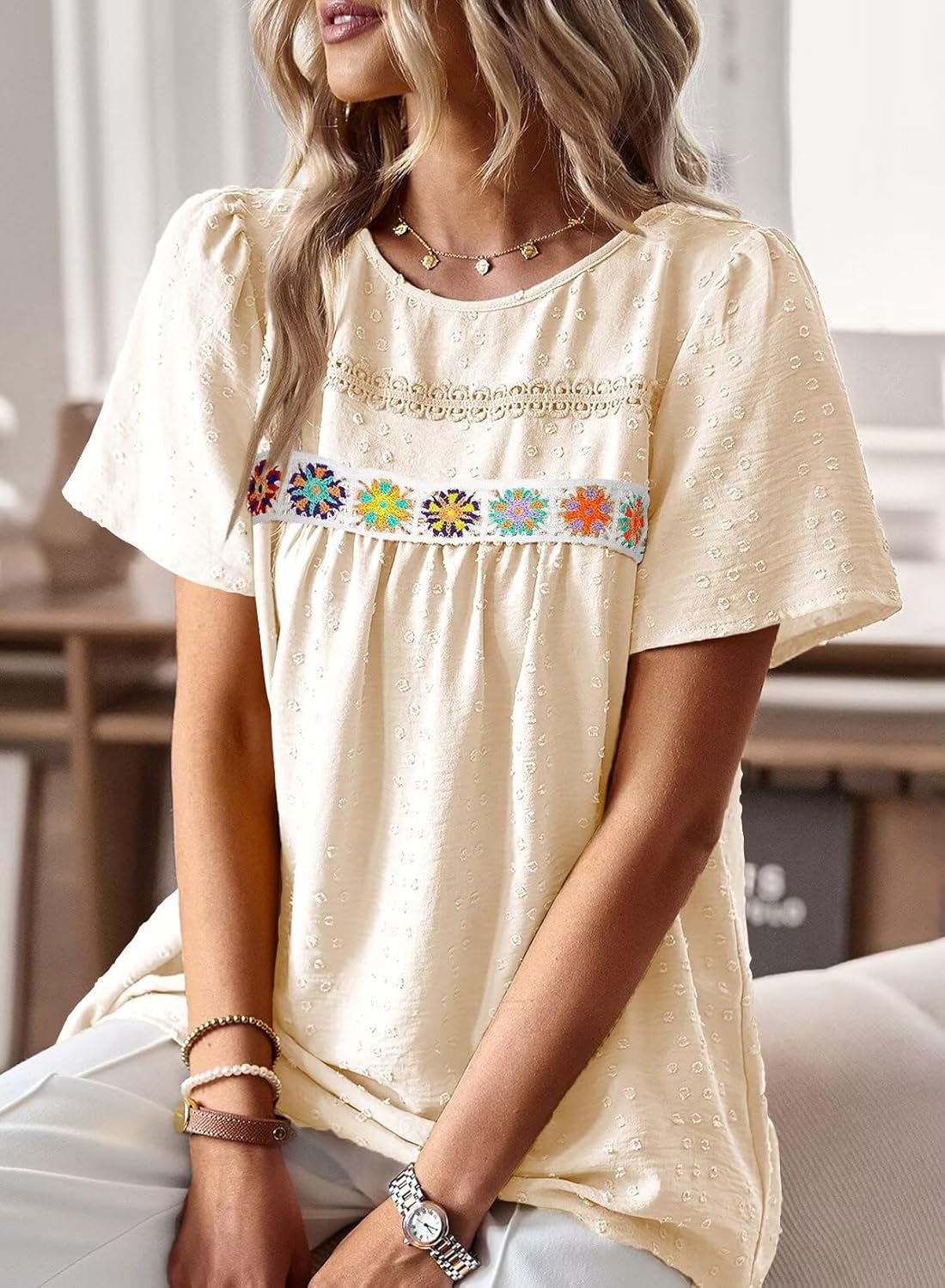 Falechay Womens Summer Tops Boho Crewneck Short Sleeve Shirts Floral Crochet Chiffon Blouses Flowy Casual Swiss Dot Clothing