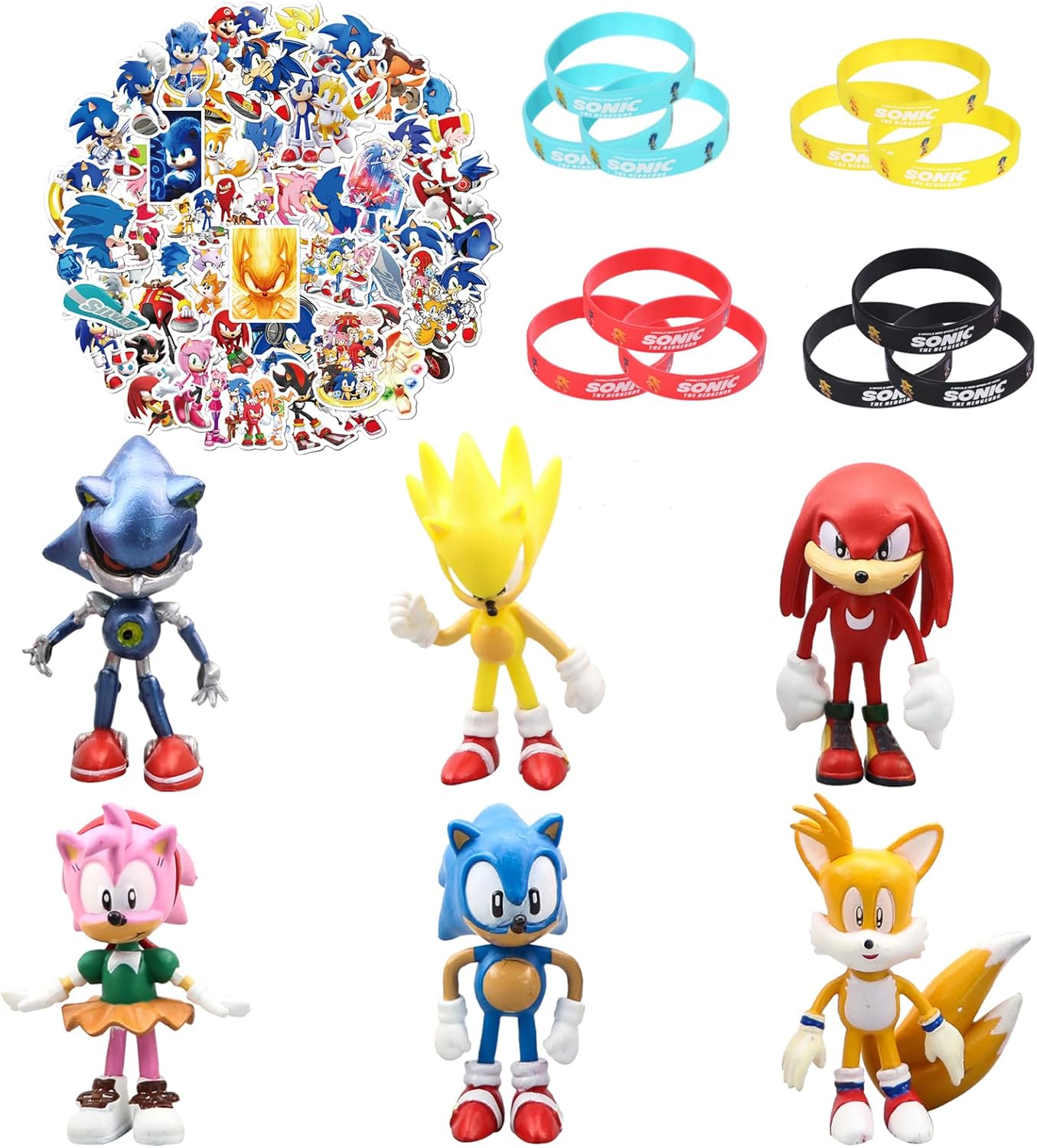 Favor de fiesta de cumpleaños con tema de Sonic para niños: pulseras, Stikers, Sonic Figuras Set para recompensas, premios de carnaval, regalos
