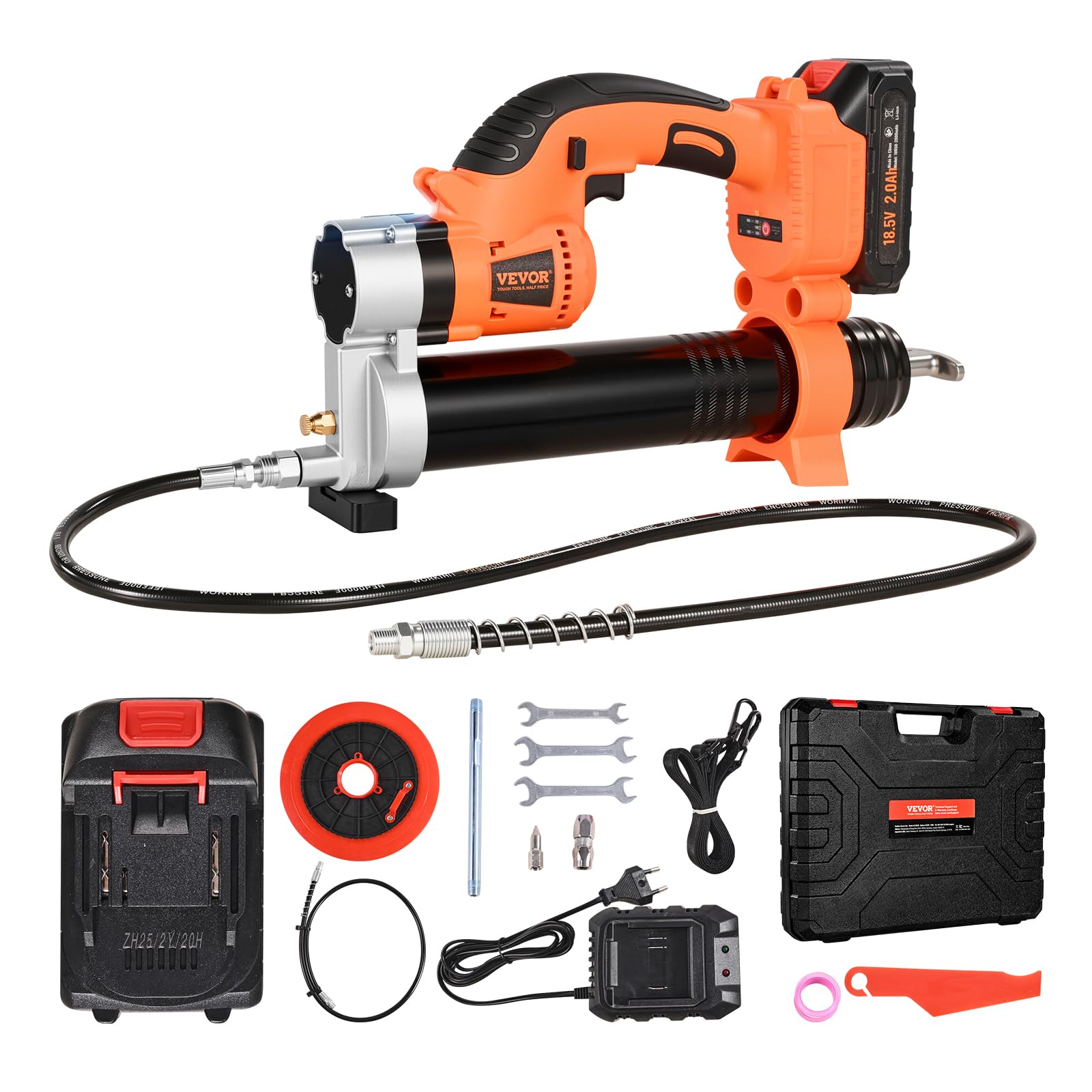 VEVOR Pistola Engrasadora Inalámbrica con luz LED, Manguera de 76,2 cm, Estuche de Transporte, Gatillos de Velocidad Variable Presión Máxima de 8000 PSI para Engrasar Vehículos o Máquinas