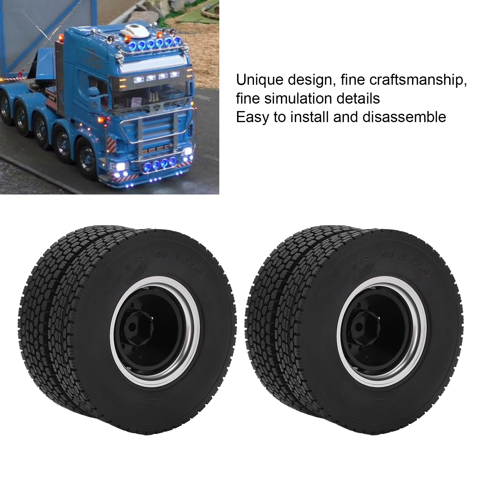2 szt. Tylne Opony RC, Zdalnie Sterowanym Samochodowym Felgi Aluminiowe ze Stopu Aluminium Zestaw Gumowych Opon do 1/14 Ciężarówka z przyczepą