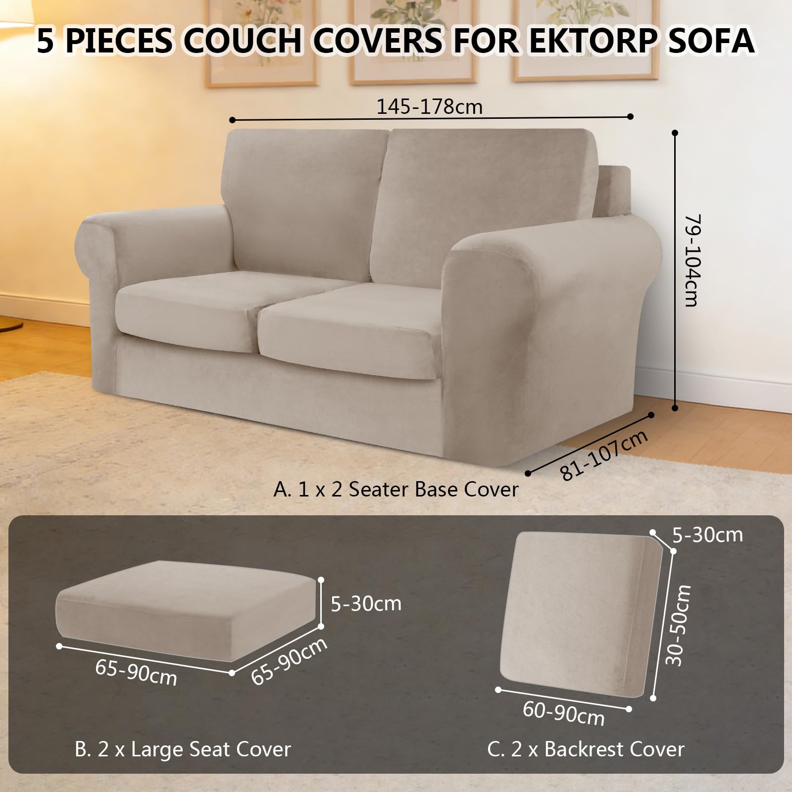 Funda Sofa 2 Plazas, Ektorp Fundas De Sofa Ajustables con Cojin Separado Y Asiento Terciopelo Capa Sofa Elasticas Forros para Biplaza Sofas Anti Gatos (Khaki, Large 2 Seater 5 PCS)