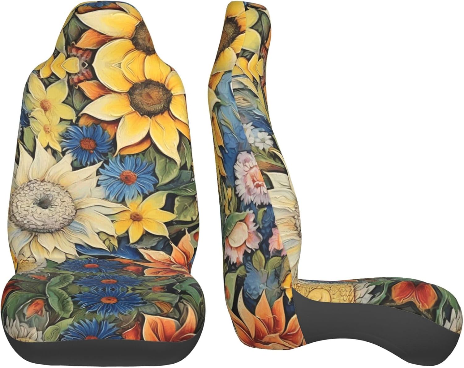 Universal Oil on Canvas Sunflower Printed car seat Covers are Suitable for Most Seats in Trucks, Vans, and Other Similar Vehicles.