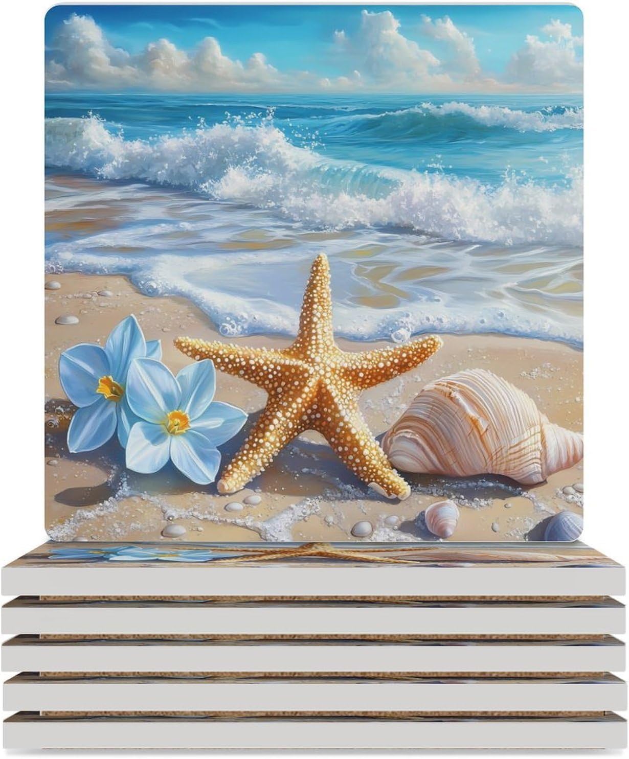 Ocean Waves Shells and Starfish Coasters for Drinks Square Table Coasters Set Cup Mats with Cork Base