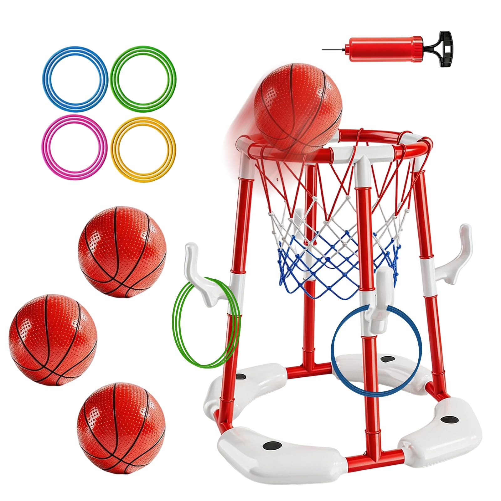 FARYODI Pool Basketballkorb, Basketballkorb für Erwachsene mit 4 Poolbällen und Pumpe, Schwimmende Aufblasbare Basketballspiele, Outdoor Spielzeug für Schwimmbad, Sommerpartys (Rot)