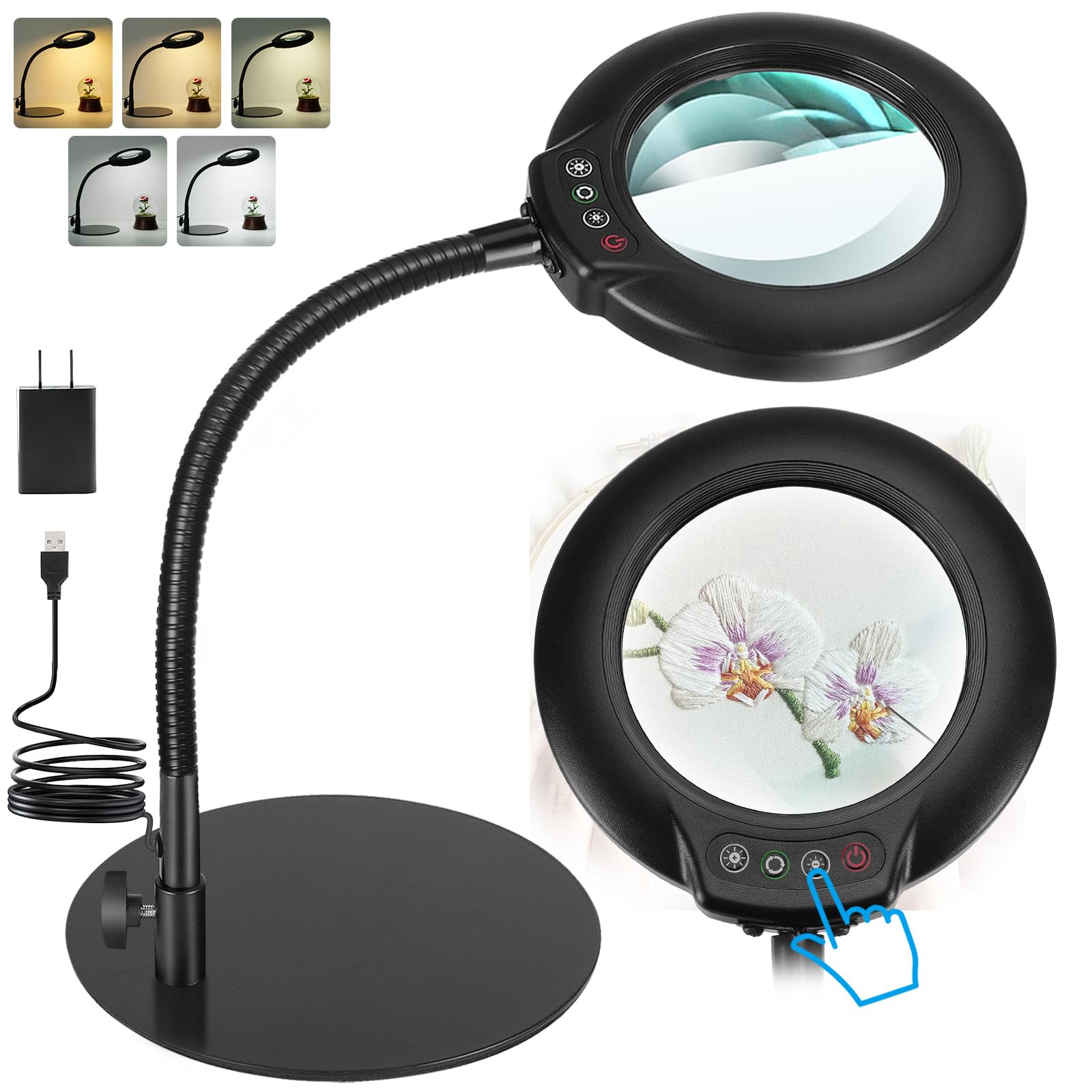 10X Magnifying Glass with Light, Real Glass Lens, 5 Color Modes Dimmable, Flexible Gooseneck Lighted Magnifier with Stand, LED Desk Lamp Hands Free for Crafts Painting Sewing Reading Close Work