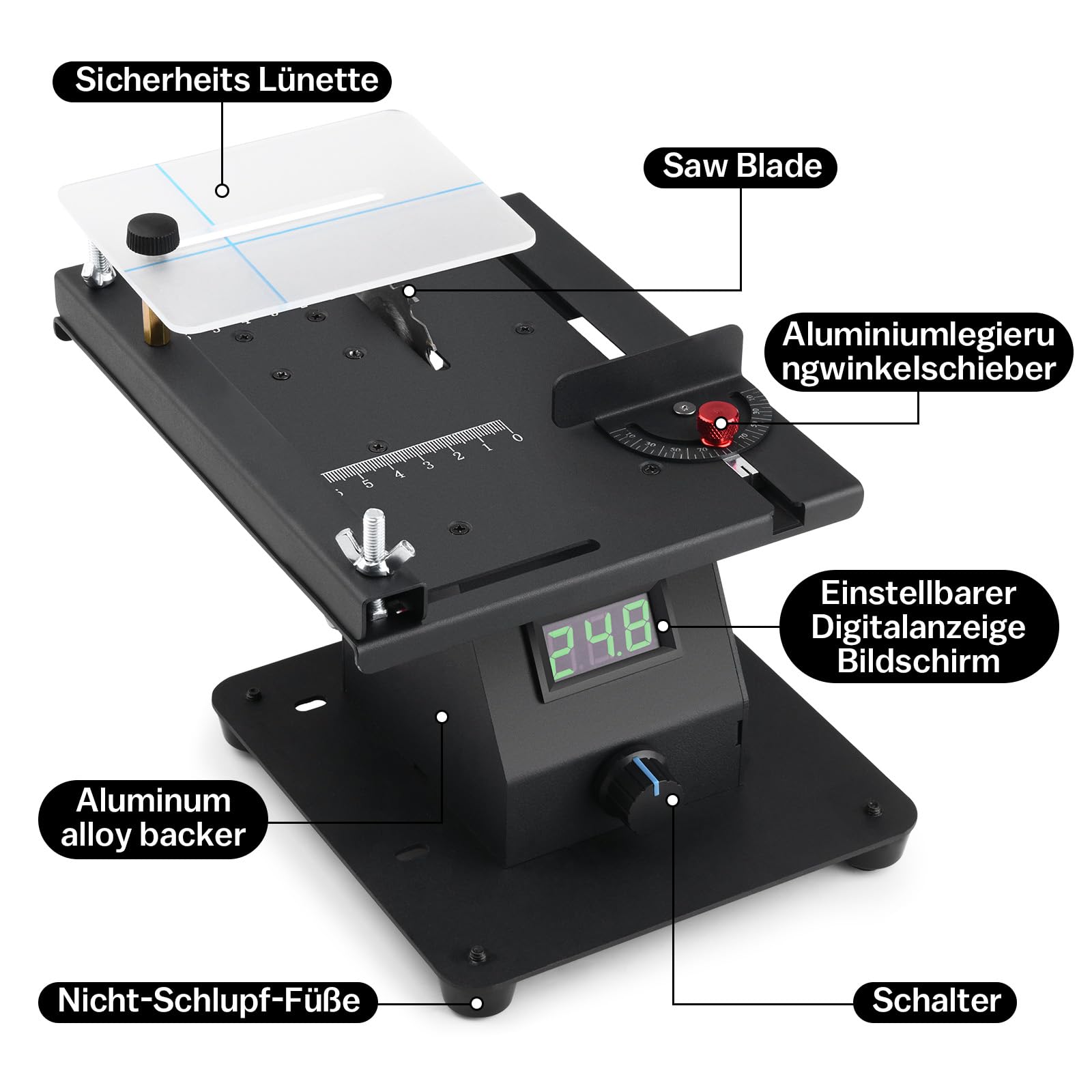 4-IN-1 Mini Tischkreissäge 350W mit LED-Voltanzeige, 0-90° Verstellbarer Bandschleifer mit 10 Schleifbänder, Doppelschleifmaschine, Multifunktionsgerät mit 7-stufig einstellbarer Geschwindigkeit