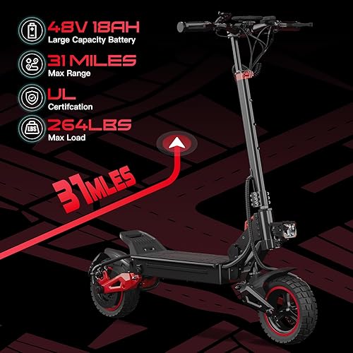 Miniatura 2 de Patinete eléctrico para adultos - Rango de 37 millas, velocidad máxima de 34 MPH, motor de 1200 W, neumáticos todoterreno de 11 pulgadas, 48 V18 AH,