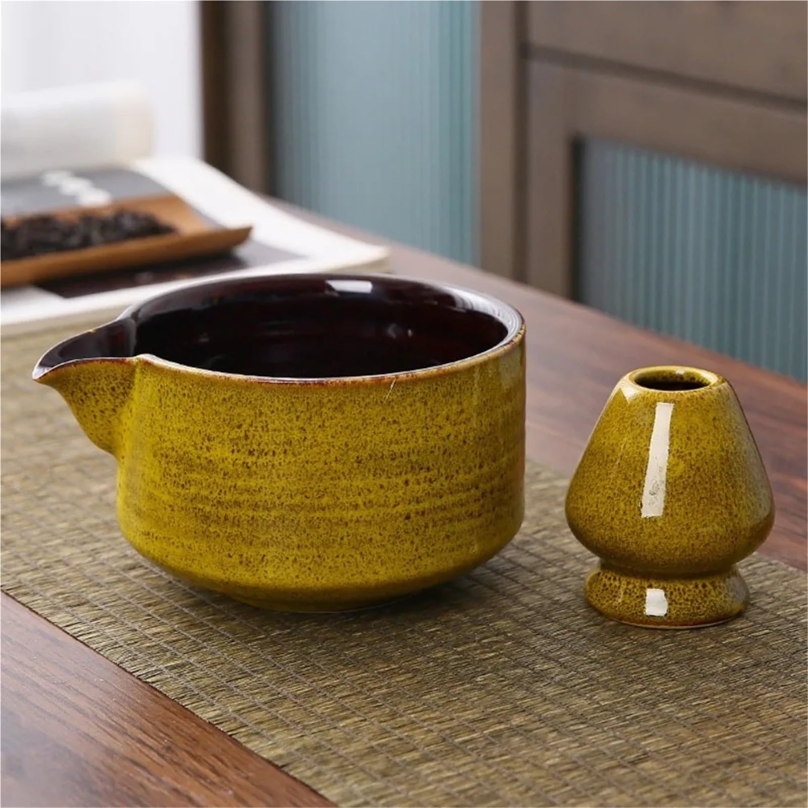 Juego De Té Matcha Juego De 2 Cuencos Cerámica For Matcha Con Pico Vertedor Y Soporte Reutilizable For Batidor Té, Cuenco Verde Hecho A Mano(Blue)