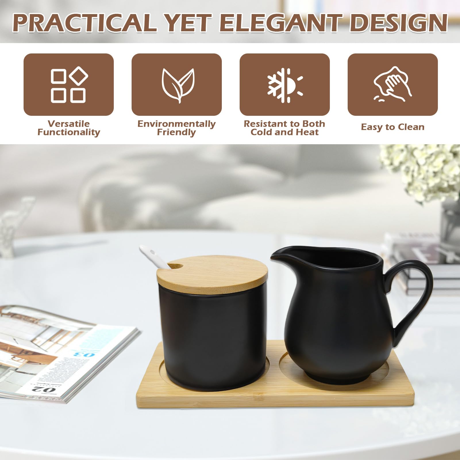 Set di latte e zucchero in ceramica con coperchio, brocca per il latte e zuccheriera su vassoio di legno, elegante servizio per il caffè, adatto al microonde e alla lavastoviglie (nero)