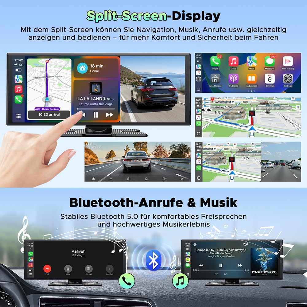 LAMTTO Wireless CarPlay Android Auto Display 10,25 Pollici Schermo per Auto Car Play con Dashcam Anteriore Posteriore 2,5K+1080P con Assistente Vocale Navigazione Bluetooth FM AUX Scheda TF 64GB