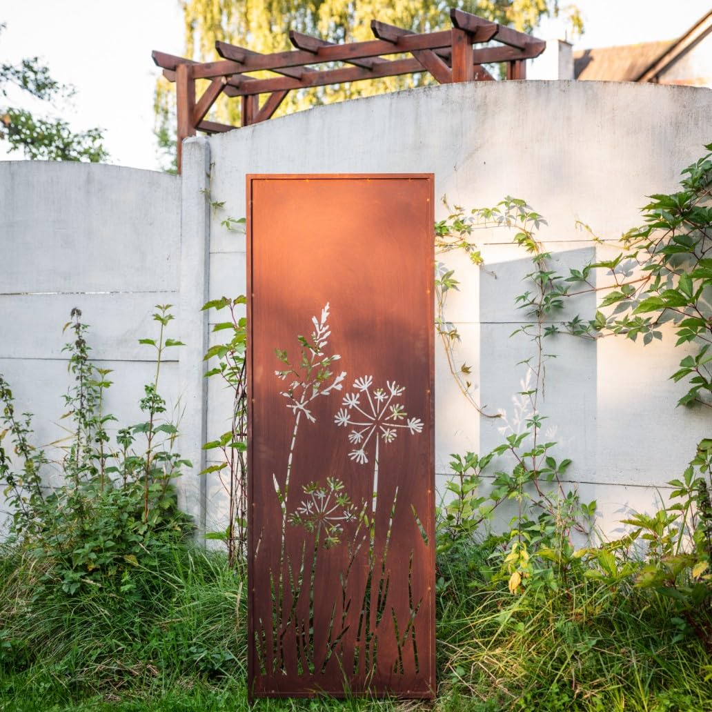Kapaga - 2x Sichtschutz Metall - 160 cm x 50 cm - Edelrost - Rostoptik Sichtschutz für Garten - Sichtschutzelement - Sichtschutzwand - Gartendekoration Zaun - Rost (Pusteblumen)