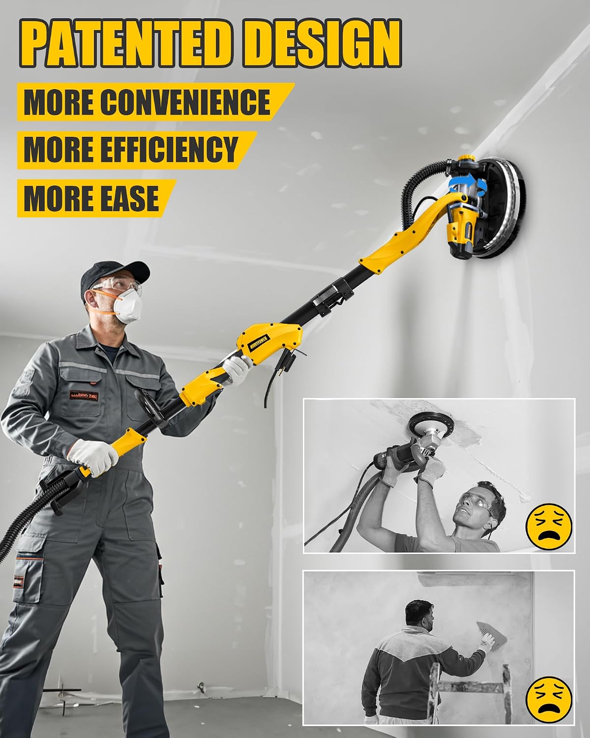 Drywall Sander, 1050W Electric Drywall Disc Sander with Vacuum Dust Collection, 7 Variable Speed 2100RPM,Double-Deck LED Light, Foldable & Extendable Handle, Dust Bag and Hose