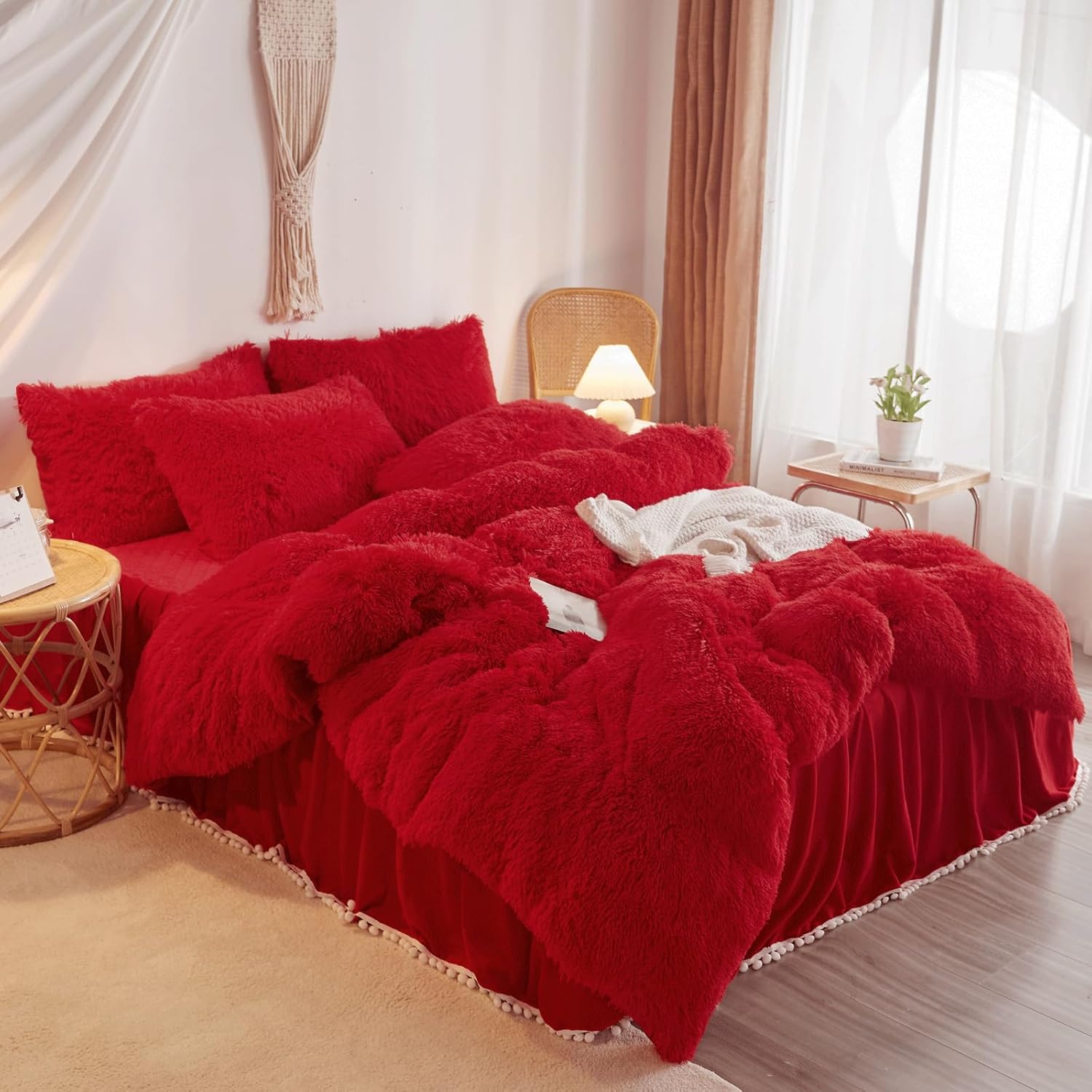 Fluffy red Comforter Cover Set Queen，Plush Bedding Set 1 Pieces (1 Faux Fur Duvet Cover) Fluffy Bed Set (red, Queen)