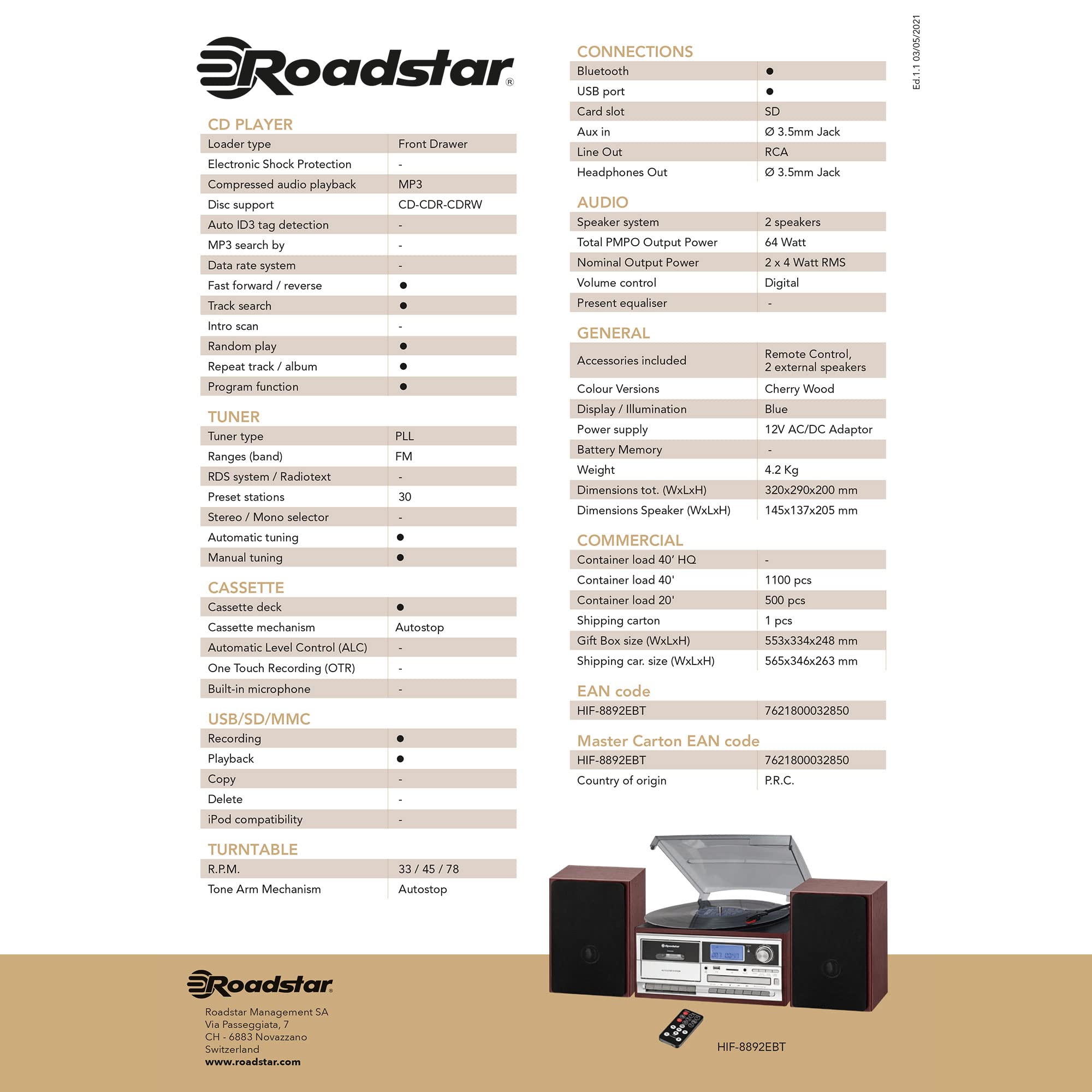 Roadstar HIF-8892EBT Minicadena de Música Hi-Fi Tocadiscos 33/45/78 rpm, Radio Digital PLL FM, Reproductor CD-MP3, Cassette, Bluetooth, USB Función Grabación, Tarjeta SD, Mando a Distancia, Madera