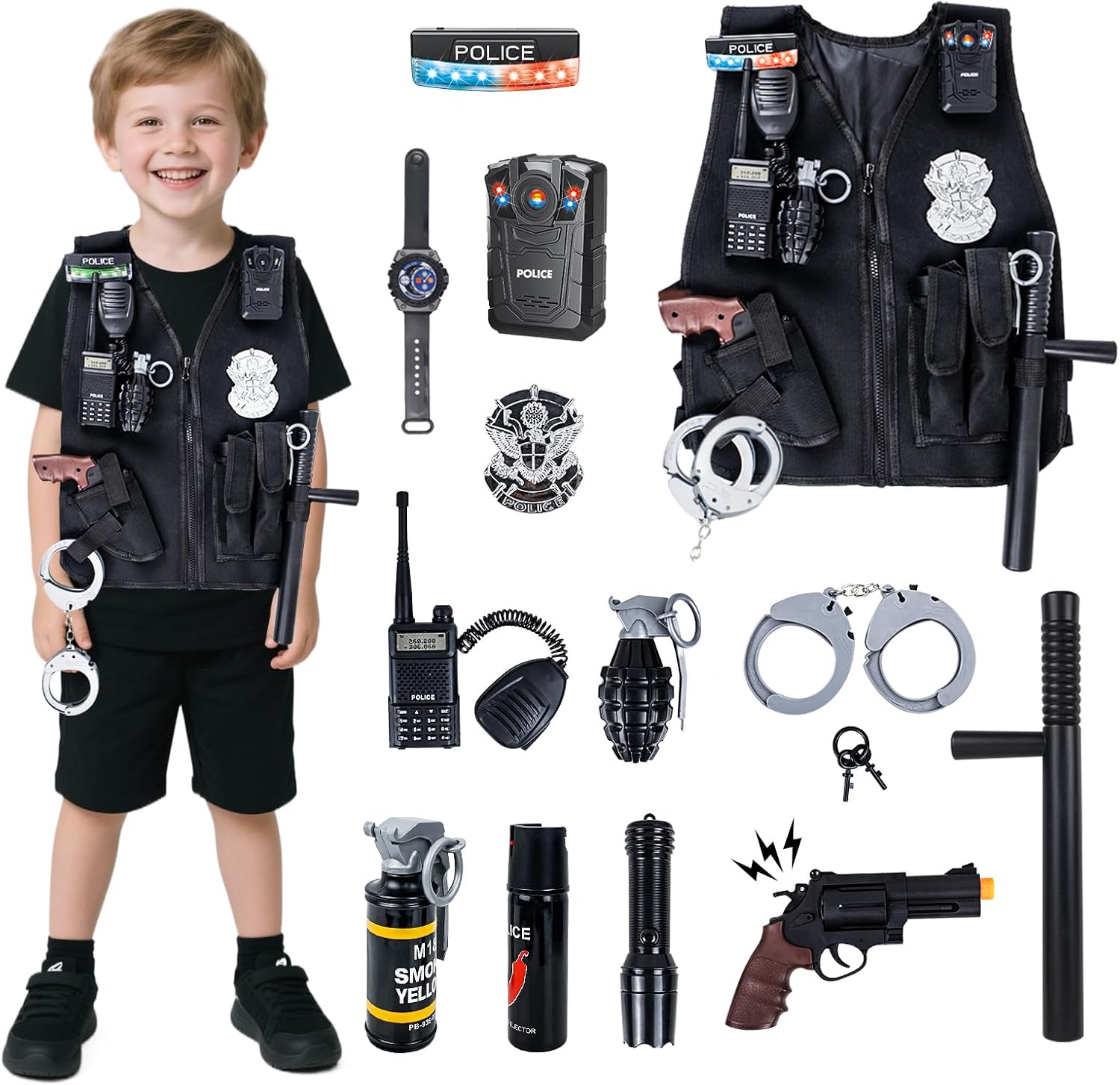14Pcs Police Costume for Kids, Pretend Play Swat Vest with Toys Accessories, Role Play Cop Costumes Outfit Dress up Set for 4-6 6-8 Ages, Swat Costume for Kids