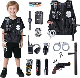 14Pcs Police Costume for Kids, Pretend Play Swat Vest with Toys Accessories, Role Play Cop Costumes Outfit Dress up Set for 4-6 6-8 Ages, Swat Costume for Kids