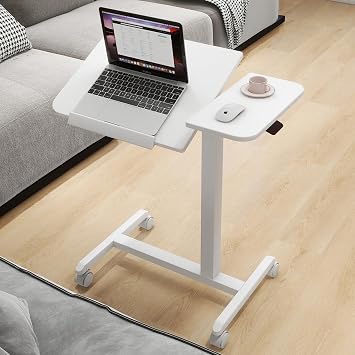 PUNCIA Adjustable Overbed Table with Wheels, Mobile Tilt Laptop Desk & Rolling Computer Cart Portable Bedside & End Table for Home, Sofa, Office or Hospital Use, White