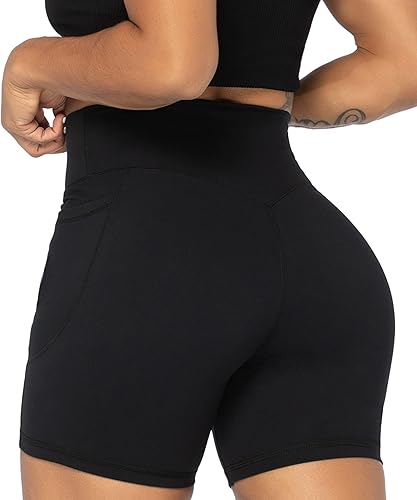 Vista 4 de Sunzel Pantalones cortos de ciclismo sin costuras frontales para mujer con bolsillos, pantalones cortos de yoga, entrenamiento, gimnasio, ciclismo