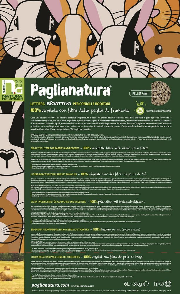 Paglianatura Kit 6 Pezzi - Lettiera Bioattiva per Roditori in Pellet 6mm, Naturale ed Ecologica - Assorbenza Elevata - 3kg/6 Litri