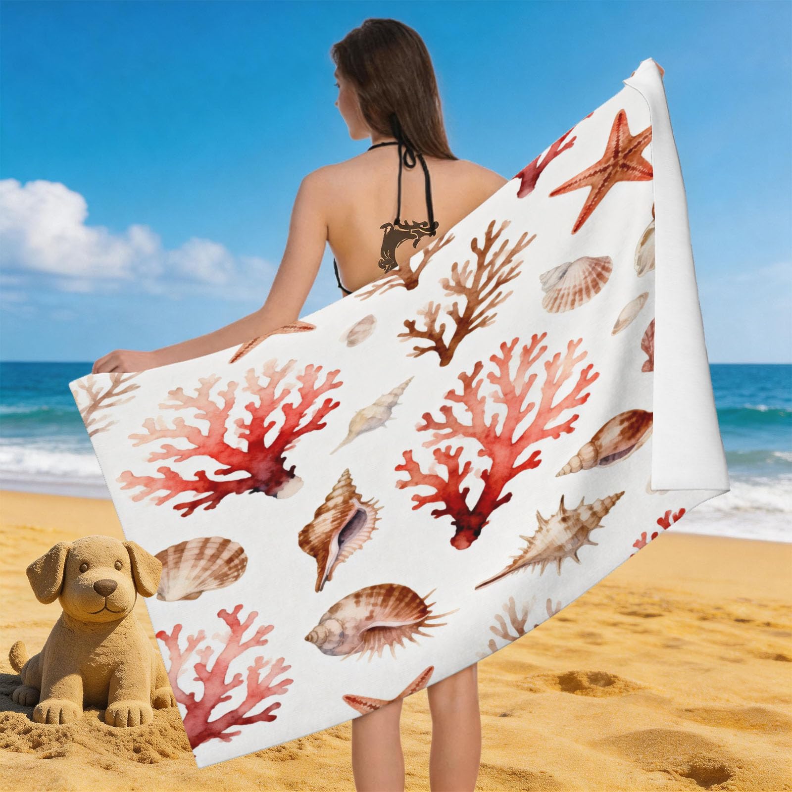 Leichong 3D Coral Shell Beach Towel Microfiber Soft Quick Dry for Adults, Cartoon Bath Towel Lightweight Soft Absorbent for Travel Swimming Pool Sports, 75 x 150 cm