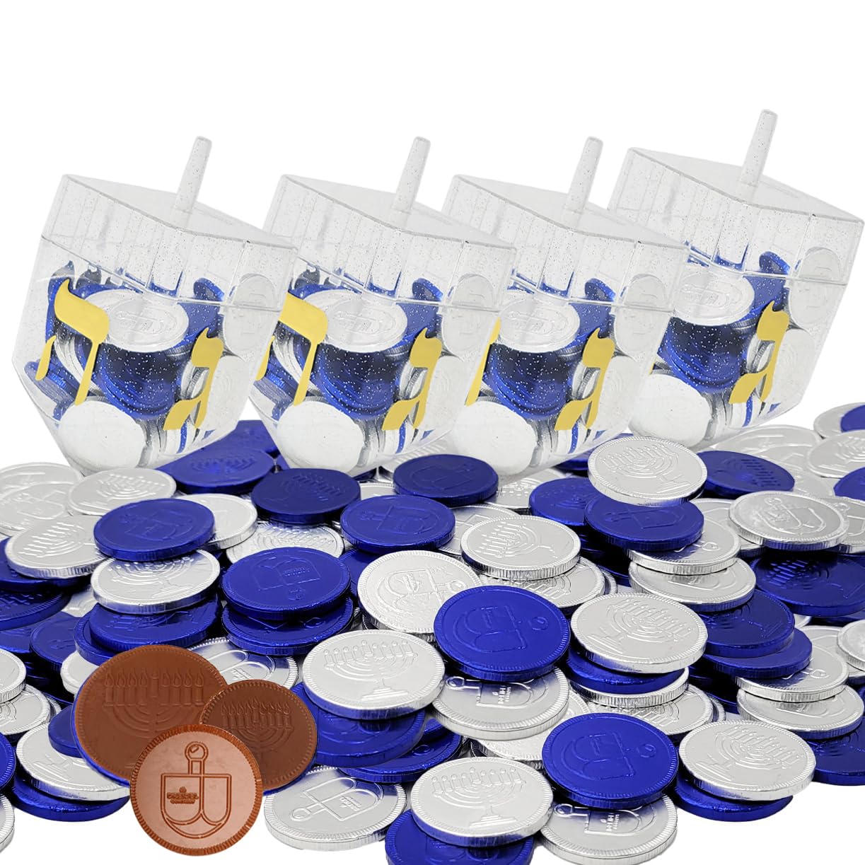 The Dreidel Company Filled with Blue and Silver Hanukkah Chocolate Gelt Coins, 10 Chocolate Menorah and Dreidel Coins, Milk Chanukah Gelt, Kosher Certified Dairy (4-Pack)