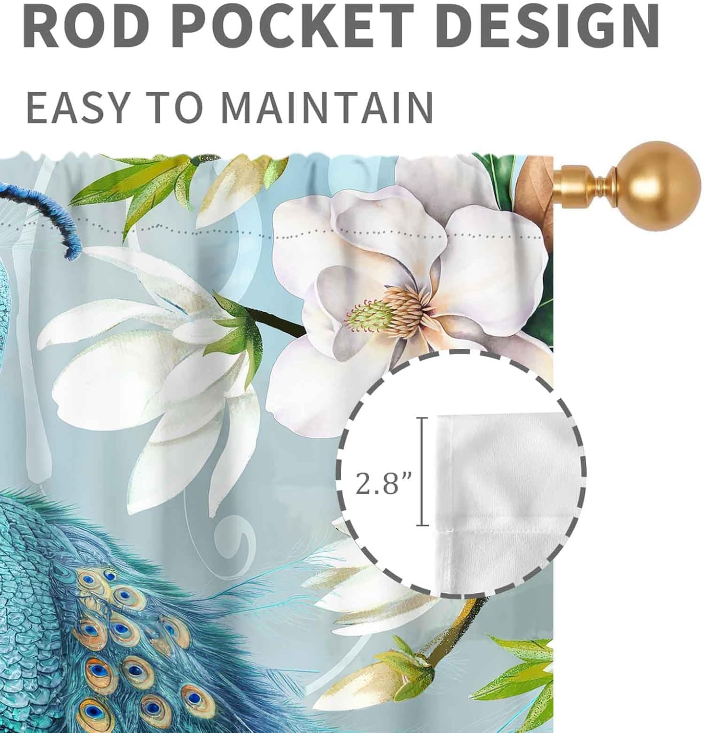 Blue Peacock Curtains, Vintage Peacock Chinoiserie Oriental Penoy Floral Beautiful Retro Teal Feathers Window Drapes Treatments for Bedroom Living Room Kitchen Bathroom Decor 2 Panels, 84"x84" Inch