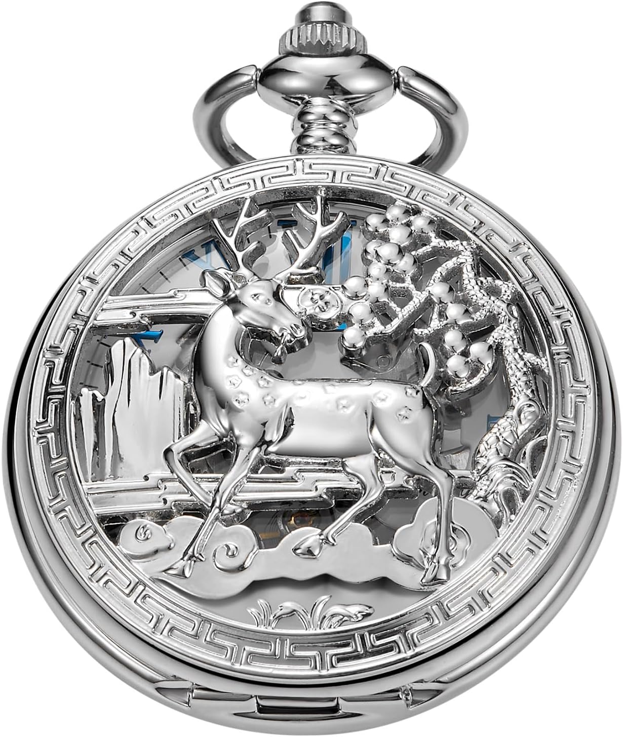 Stainless Steel Single Open Men's Mechanical Pocket Watch, Roman Digital Dial Mechanical Pocket Watch for Men