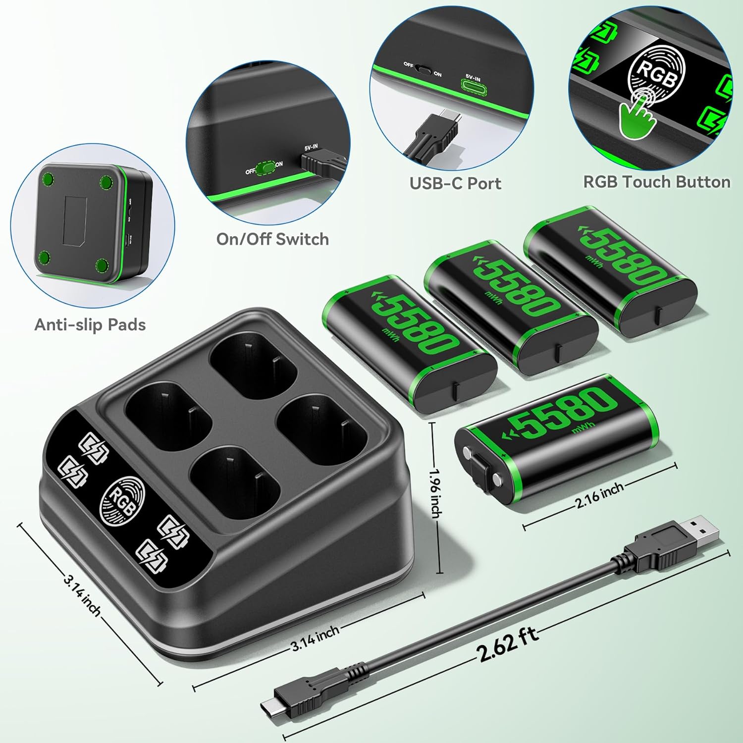 Charger with 4 x 5580mWh Rechargeable Battery Packs for Xbox One/Xbox Series X|S, Rechargeable Batteries for Xbox Controllers with Charging Station for Xbox One/One S|X/Elite