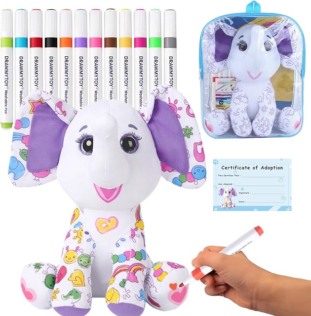 DIY Coloring Plush Toy with Washable Markers, Scribble Pets Stuffed Animal, Doodle Dolls Art Toy for Boys and Girls Ages 3-8, Birthday Gift (Elephant)