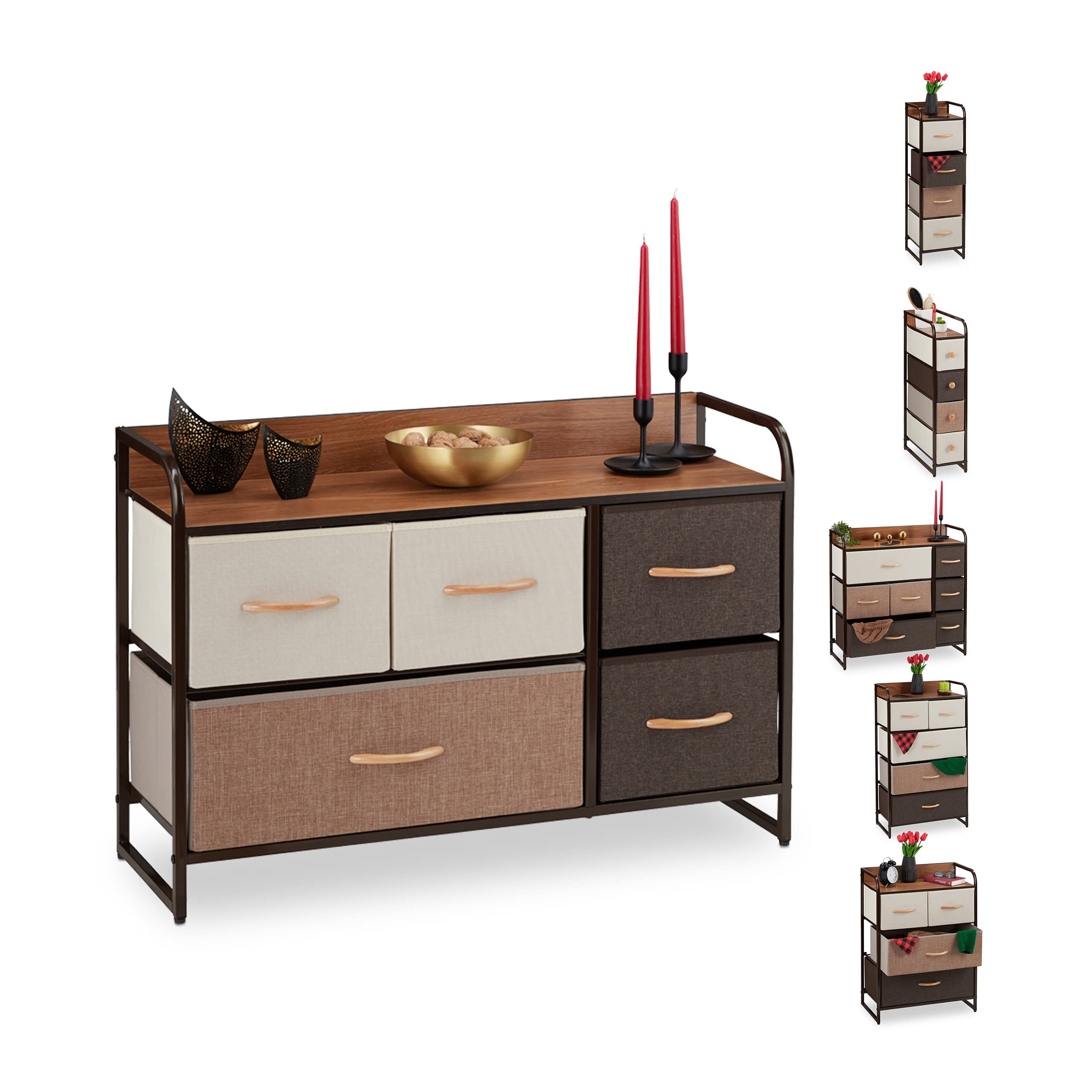 Relaxdays Mobiletto con Cassetti, 5 Tiretti Pieghevoli in Tessuto, Ripiano, HLP 58 x 87,5 x 31,5 cm, Marrone