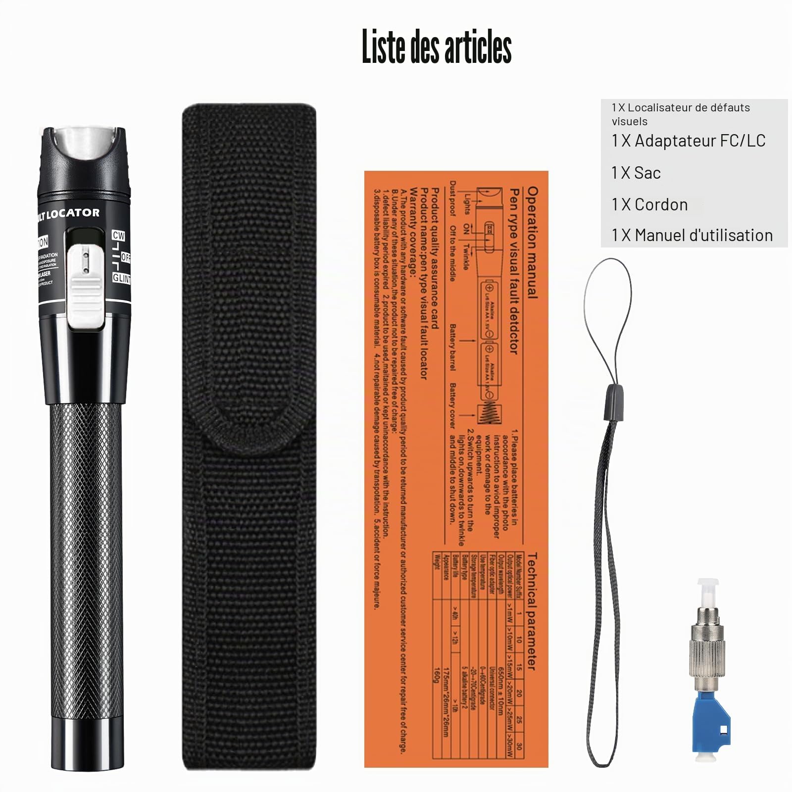 Localisateur visuel de défauts 80mW, FTTH Testeur de Fibre Optique, Stylo de Fibre Optique avec Adaptateur FC-LC pour L'Ingénierie fibre optique